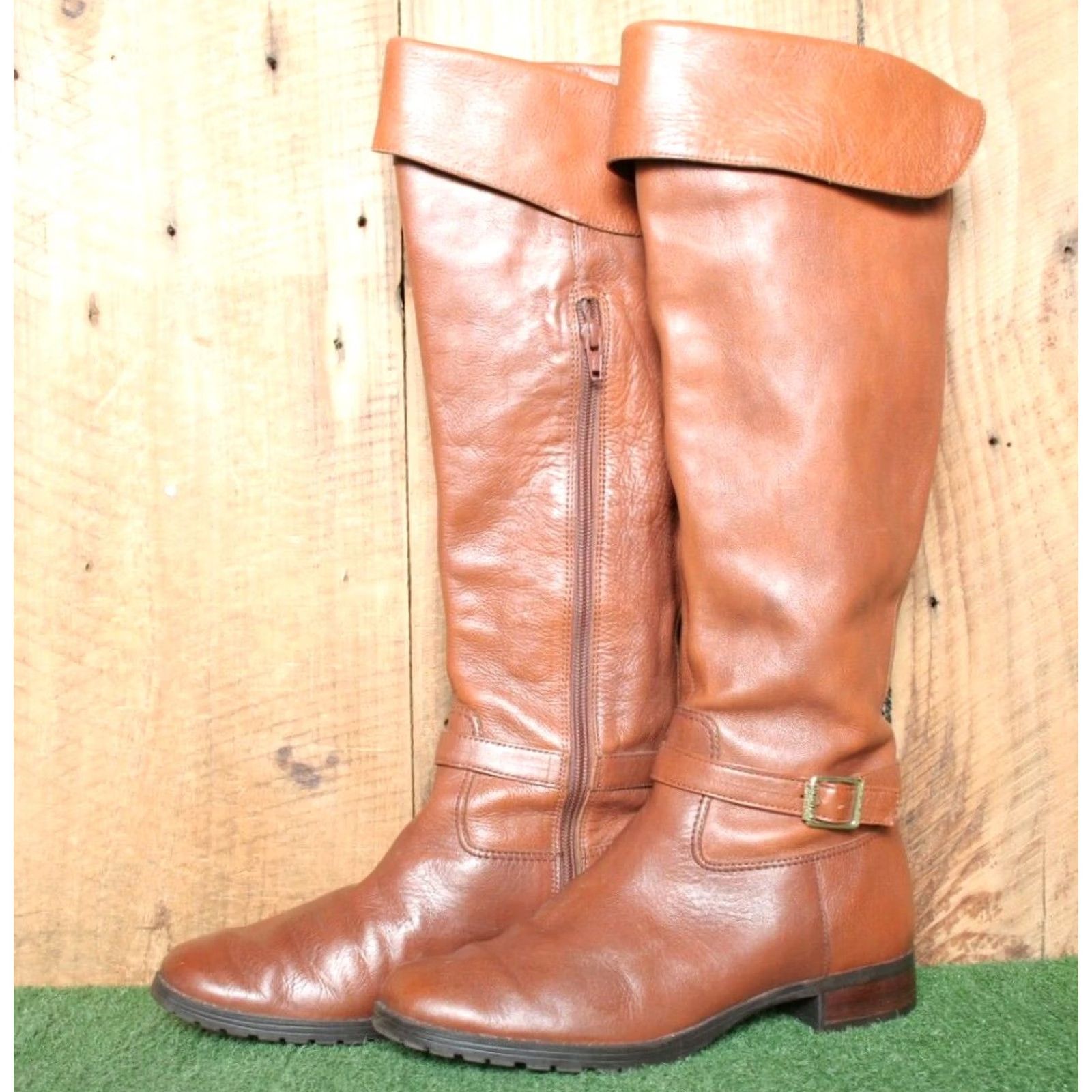 Ralph Lauren VINTAGE LRL Sabina Chestnut Brown Leather Buckle Strap 17" Tall Knee-High Boots Sz. 8B Womens Leather Riding Boot Smoking? Size US 8 / IT 38 - 2 Thumbnail