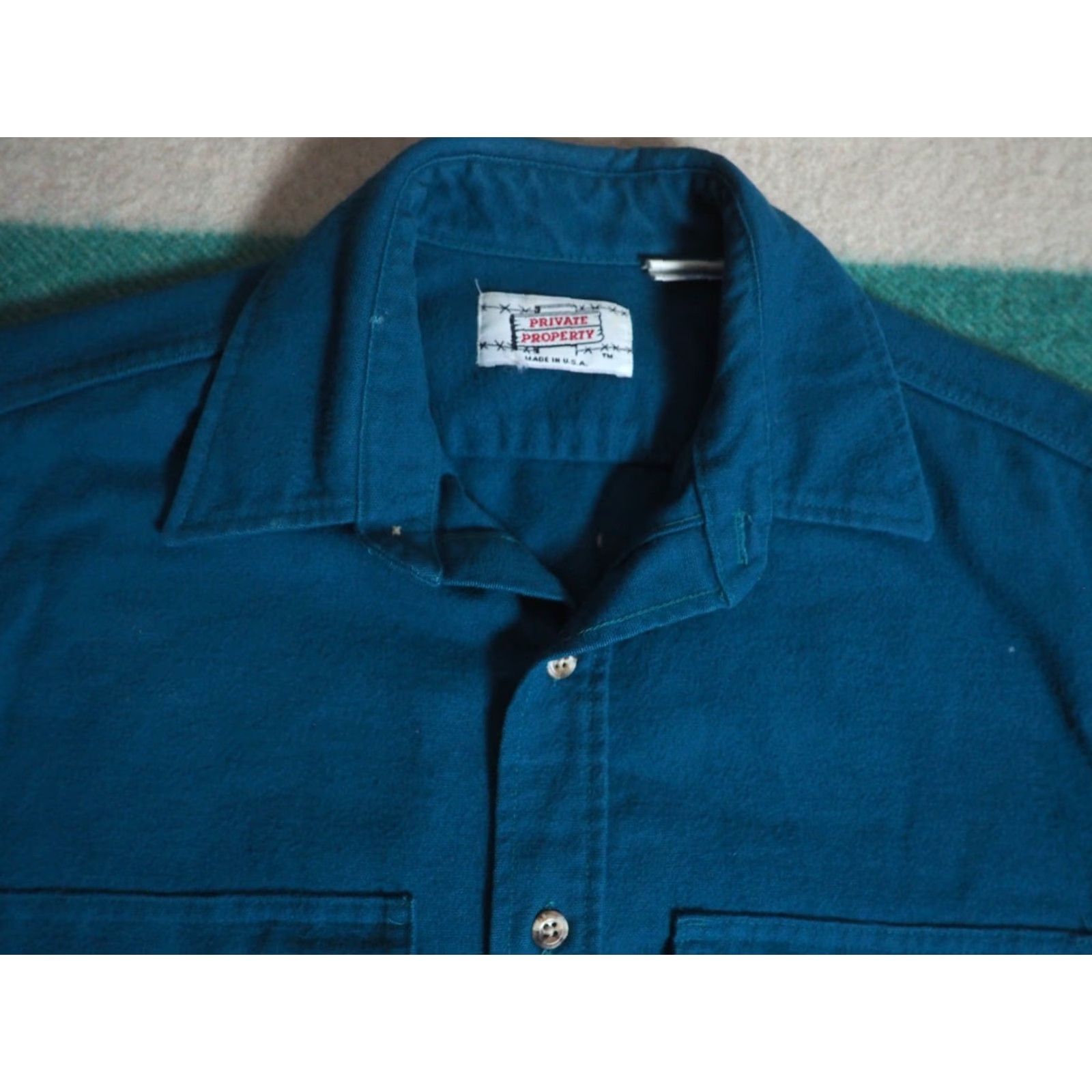 Altea VINTAGE 70s Private Property Shirt Teal Blue Chamois Cloth Pocket USA Mens M Long Sleeve Button-Front Cotton Grunge Casual Decade 1970s US Size US M / EU 48-50 / 2 - 2 Thumbnail