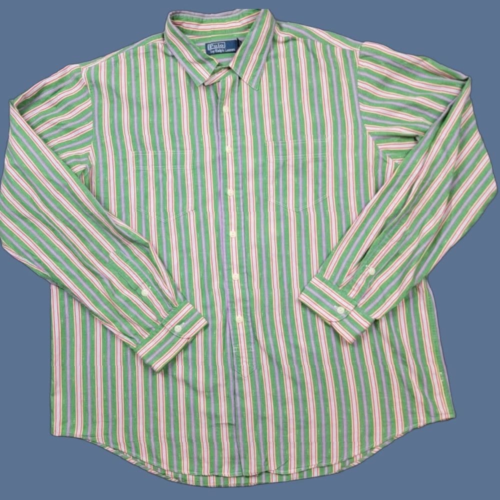 Polo Ralph Lauren Polo Ralph Lauren Shirt Mens 2XL Vintage Green Stripe Aztec Western Long Sleeve Button-Up Collared Knit Cotton Casual Mens Size US XXL / EU 58 / 5 - 1 Thumbnail