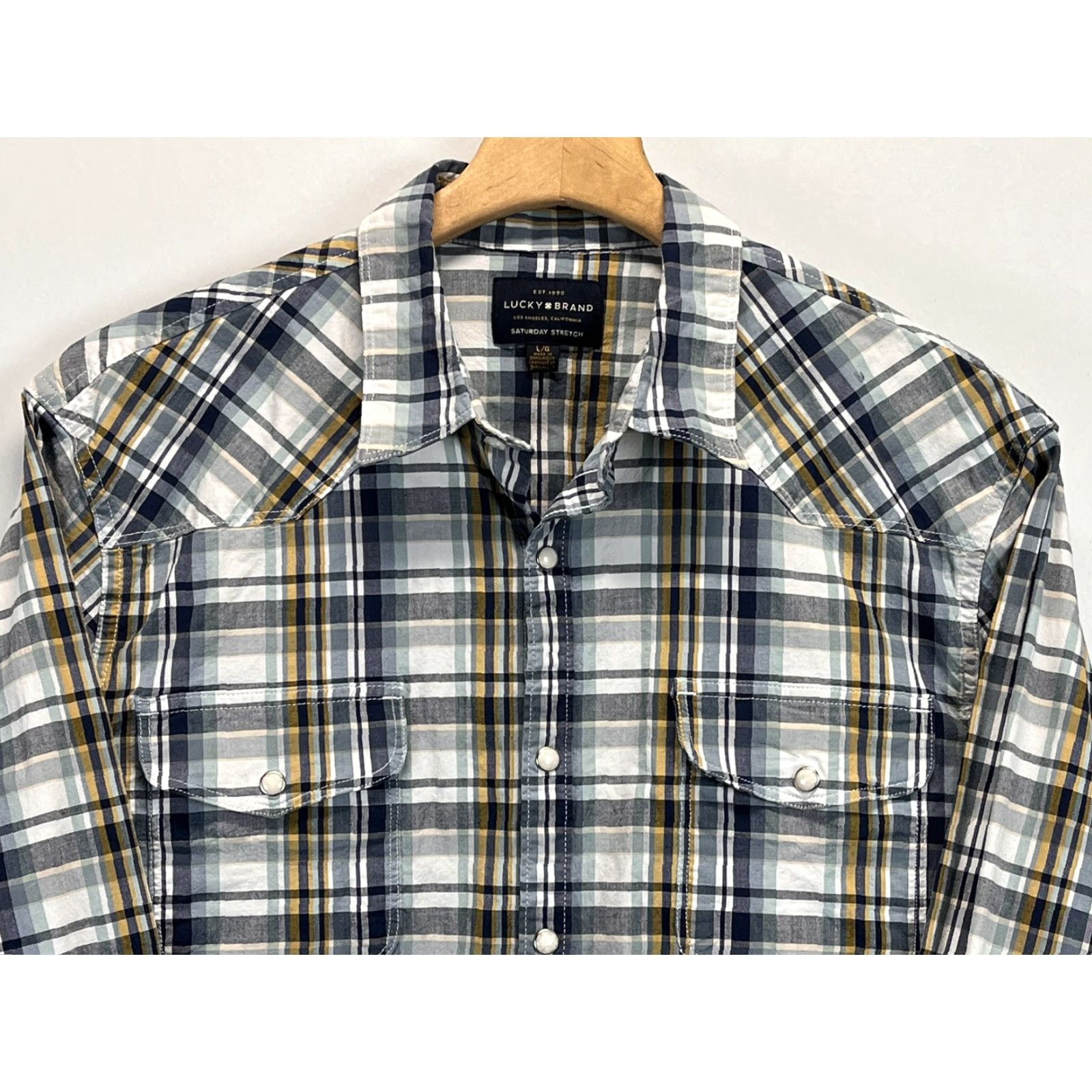 Lucky Brand Lucky Brand Classic Fit Mens Large Blue Green Plaid Western Pearl Snap Shirt Size US L / EU 52-54 / 3 - 3 Thumbnail