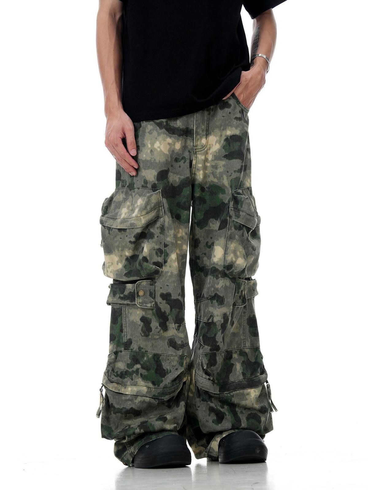 Japanese Brand Green Camouflage Cargo Pants, Baggy Wide Leg Trousers Size US 32 / EU 48 - 3 Thumbnail
