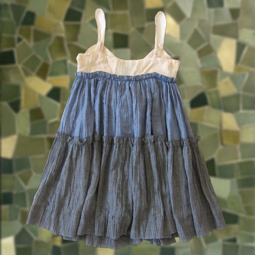 Vintage Ark & Co. Blue Ivory 100% Cotton Spaghetti Strap V-Neck Ruffle Sun Dress Small Womens Size S / US 4 / IT 40 - 1 Thumbnail