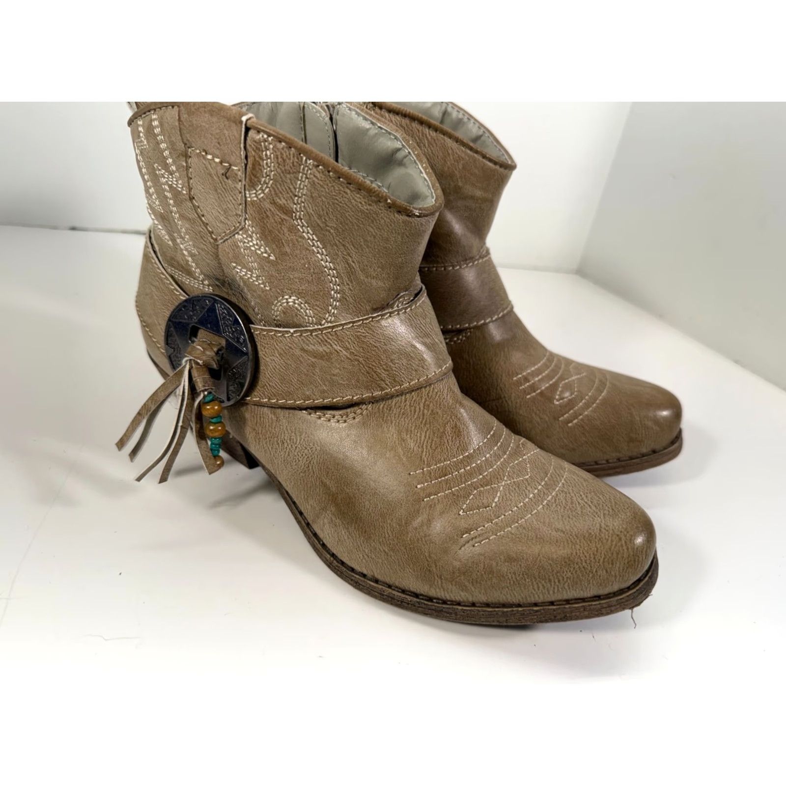 Vintage Big Buddha Western Ankle Bootie Womens 8M Brown Cowgirl Beaded Tassel Embroidered Boots Size US 8 / IT 38 - 2 Thumbnail