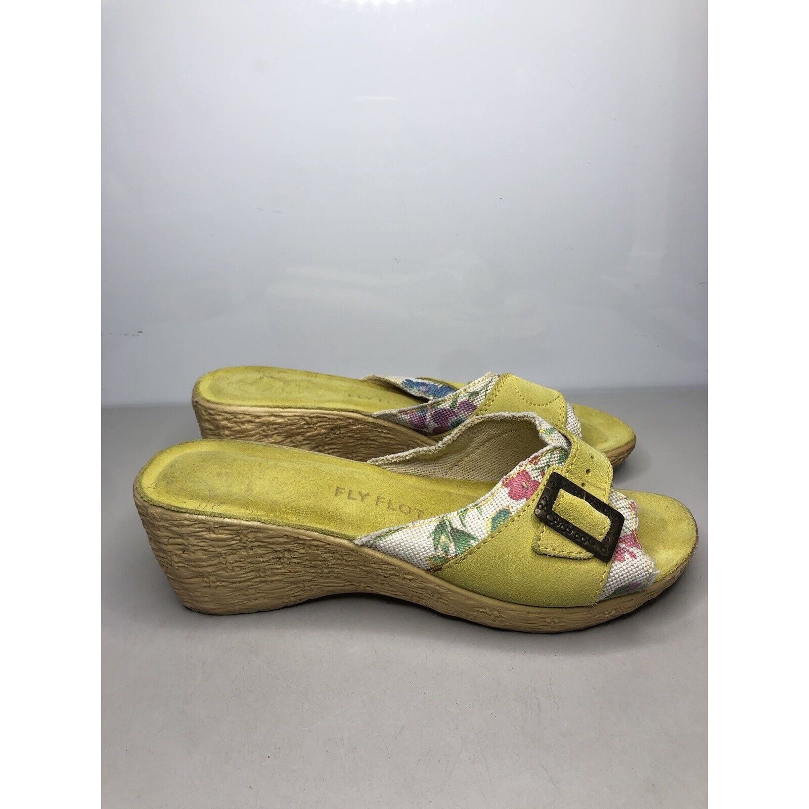 Other FLY FLOT Anti Shock Yellow Suede Floral Buckle Wedge Sandals Size US 10.5 / IT 40.5 - 16 Thumbnail