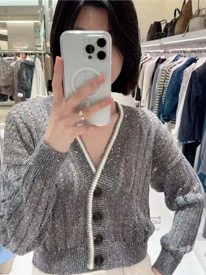 Brunello Cucinelli Brunello Cucinelli Grey Sequin Knit Cardigan with Netted O Size S / US 4 / IT 40 - 6 Thumbnail