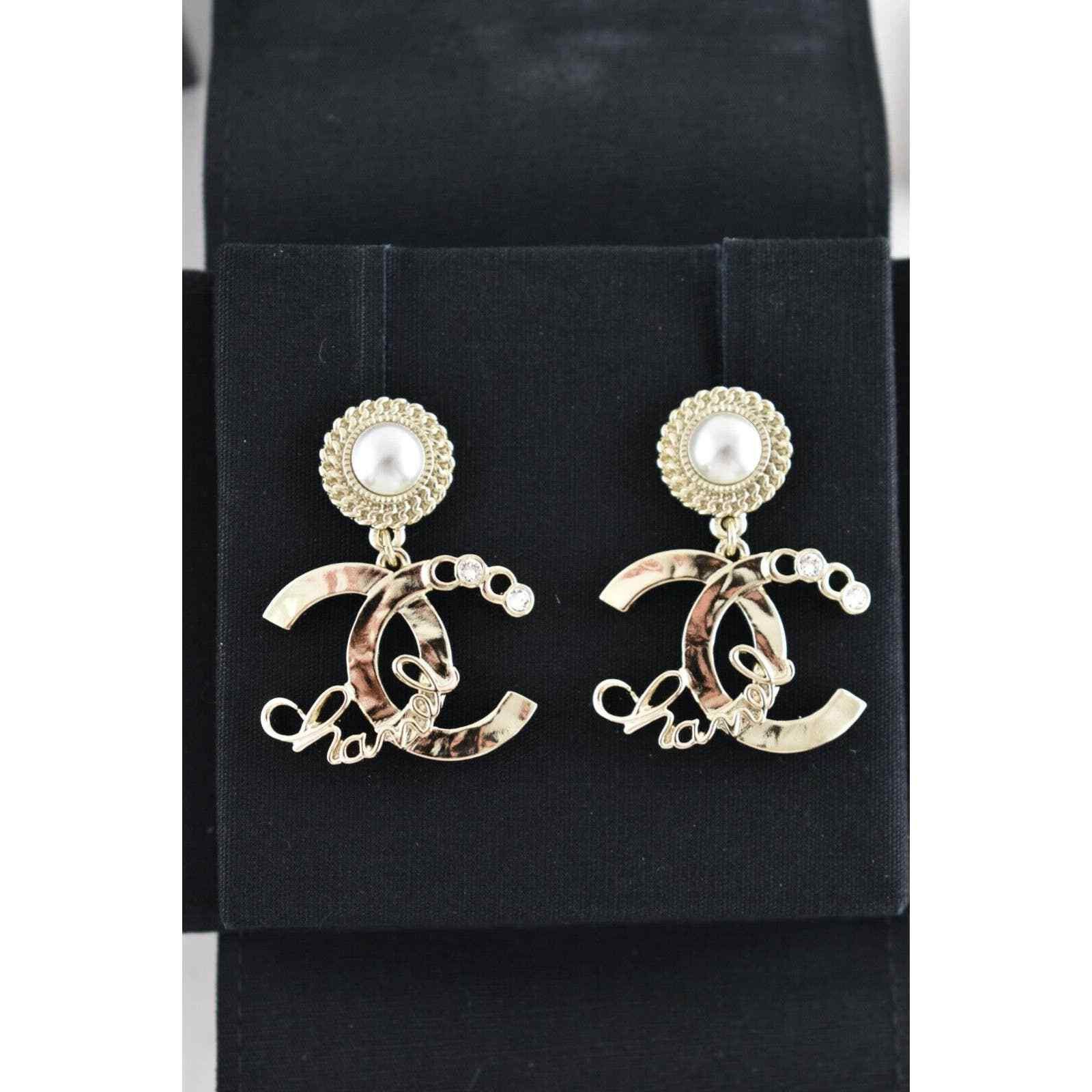 Chanel Chanel Gold Crystal Pearl White Dangle Statement Earrings Size ONE SIZE - 7 Thumbnail