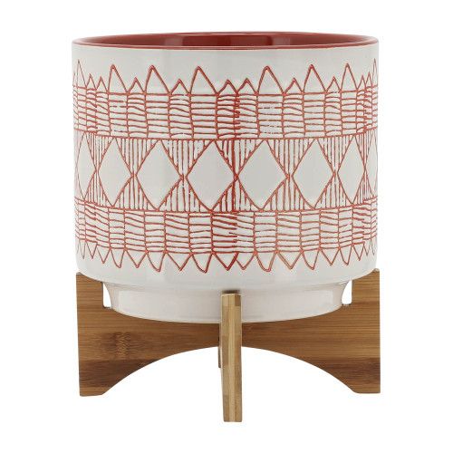 Designer × Homemade CERAMIC 10" AZTEC PLANTER ON WOODEN STAND, ORANGE Size US L / EU 52-54 / 3 - 2 Thumbnail