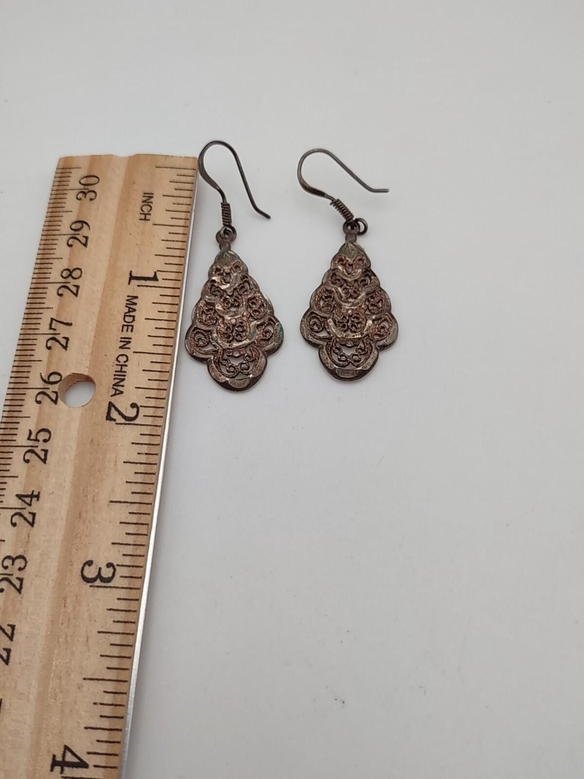 Other Sterling Silver Filigree Dangle Earrings Vintage 925 Size ONE SIZE - 3 Thumbnail
