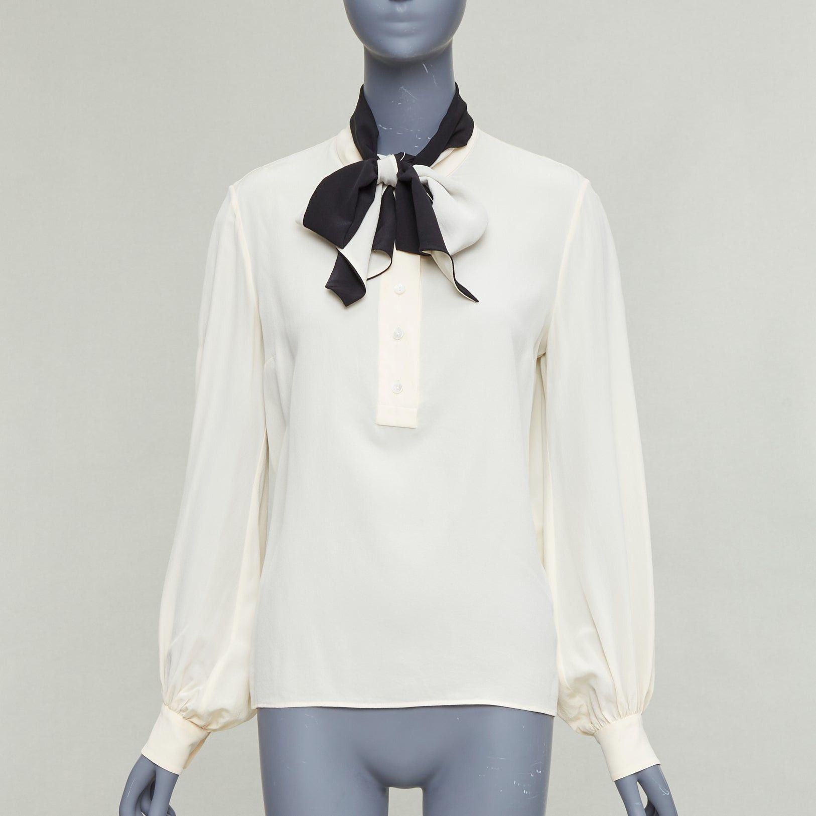Lanvin LANVIN cream 100% silk black contrast tie neck peasant blouse FR34 XS Size XS / US 0-2 / IT 36-38 - 1 Thumbnail