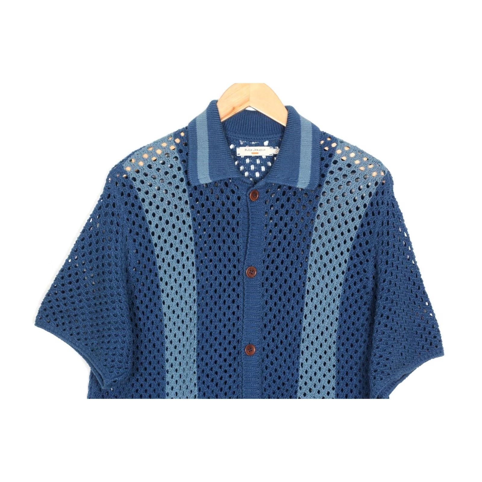 Nudie Jeans NUDIE JEANS FABBE CROCHET Knit Cotton Shirt Men Size M Short Sleeve Blue Size US M / EU 48-50 / 2 - 2 Thumbnail