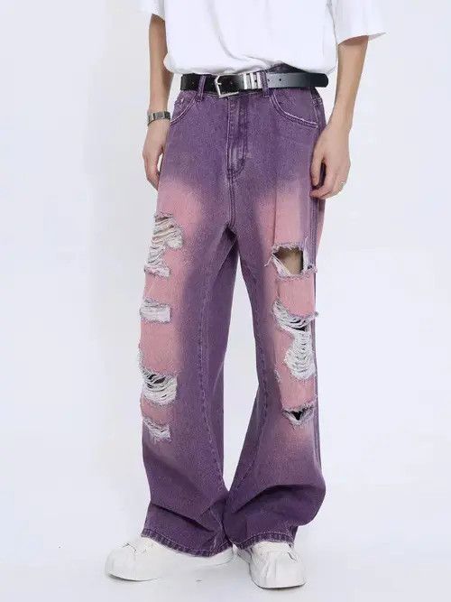 Jean Akiyama x natsu Distressed Purple Wide Leg Denim Jeans Size US 34 / EU 50 - 4 Thumbnail