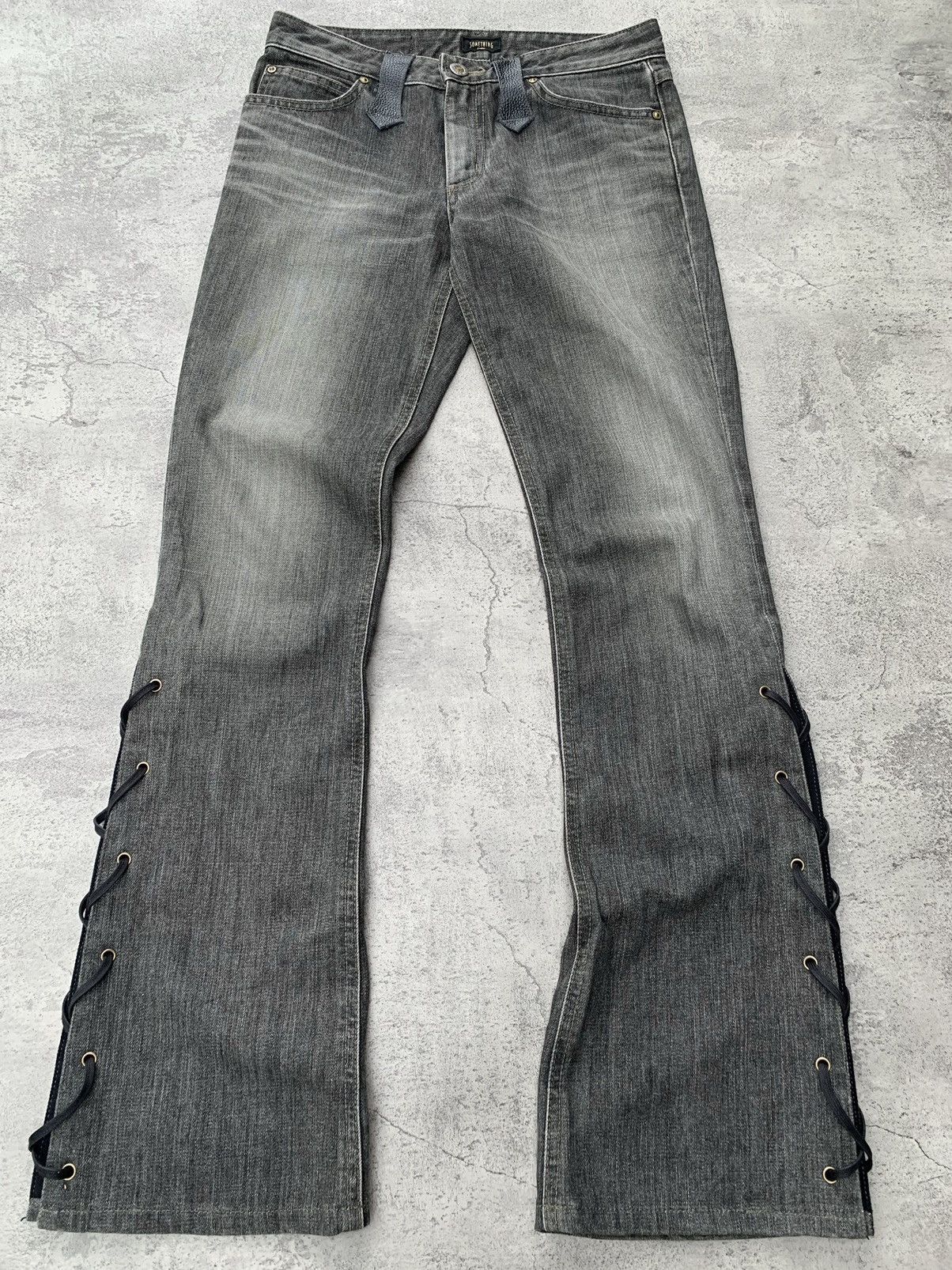 Japanese Brand Something EDWIN leather lace-up slim flare jeans Size US 27 - 1 Thumbnail
