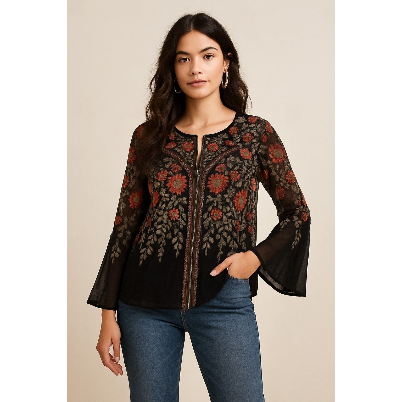 Other Boho Floral Embroidered Bell Sleeve Black Blouse INC 1X Size XXL / US 16-18 / IT 52-54 - 1 Thumbnail