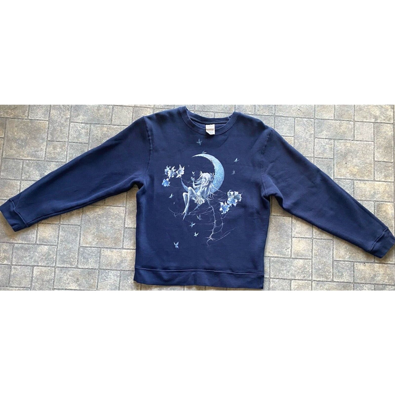 Delta Delta Fleece Sweatshirt Women MEDIUM Dark Blue Fairy Moon Trick Fairies Crew Neck Long Sleeve Fleece Pullover Moon Butterfly Flowers Size M / US 6-8 / IT 42-44 - 2 Thumbnail