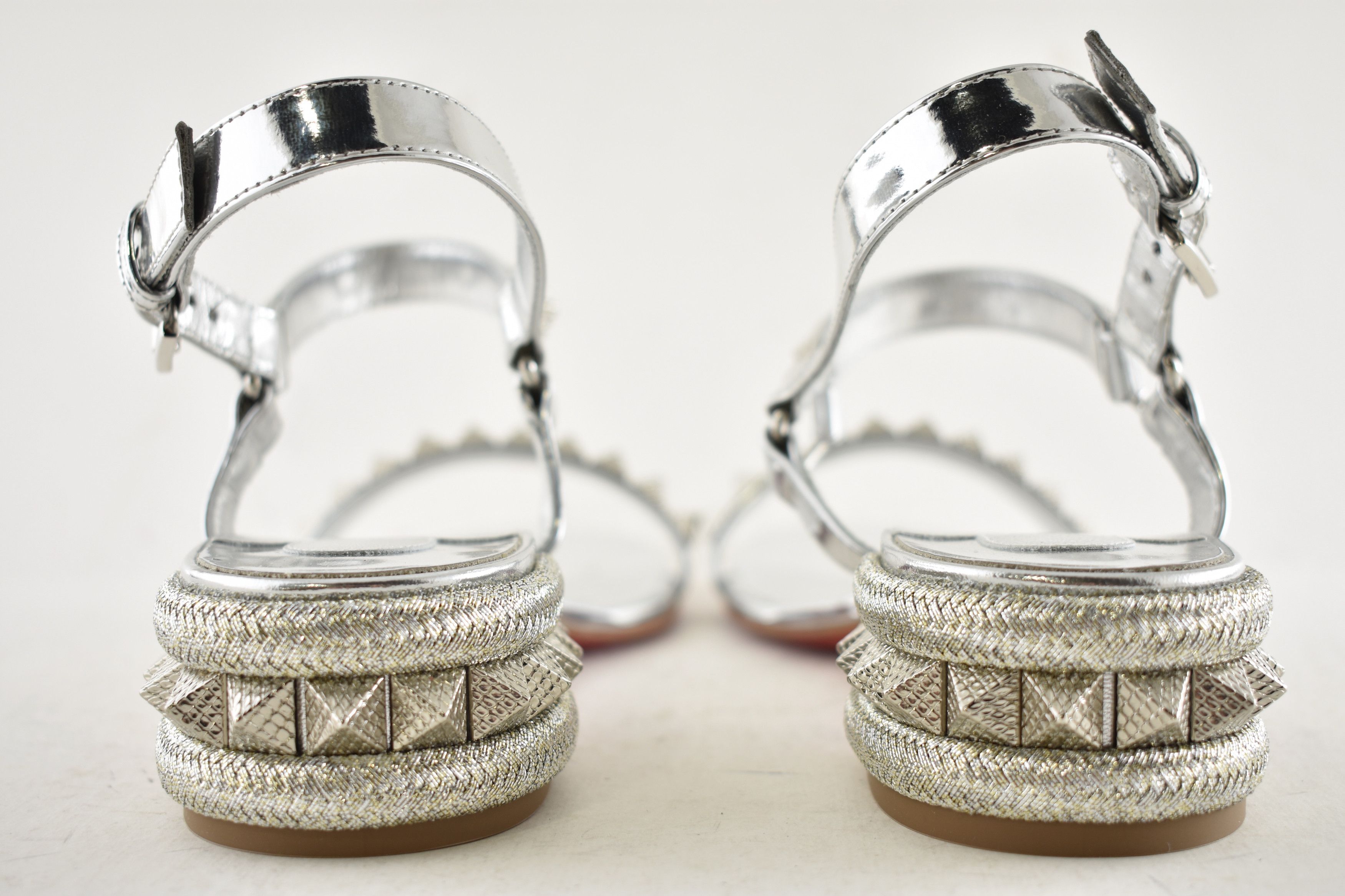 Christian Louboutin Pyrasand 30 Silver Leather Block Heel Ankle Strap Sandal 38 Size US 8 / IT 38 - 16 Thumbnail
