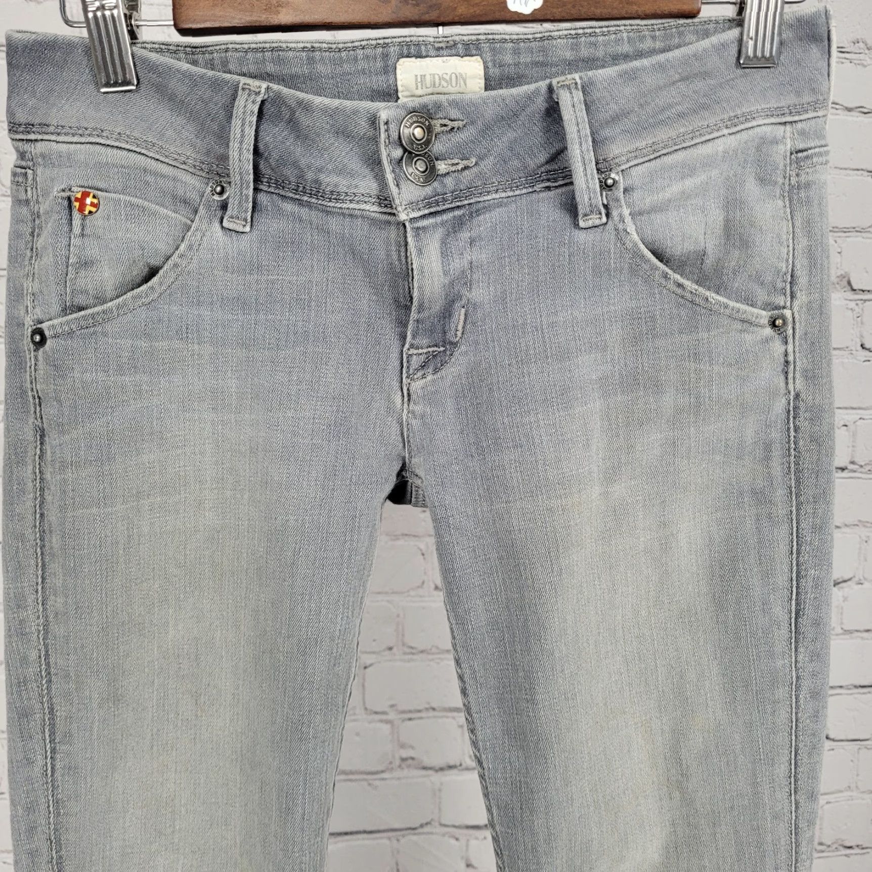 Hudson Hudson Jeans Womens 25 Grey Denim Low Rise Flap Pockets Stretch Skinny 5-Pocket Zip Button 27x29 Size 42" / US 20 - 7 Thumbnail