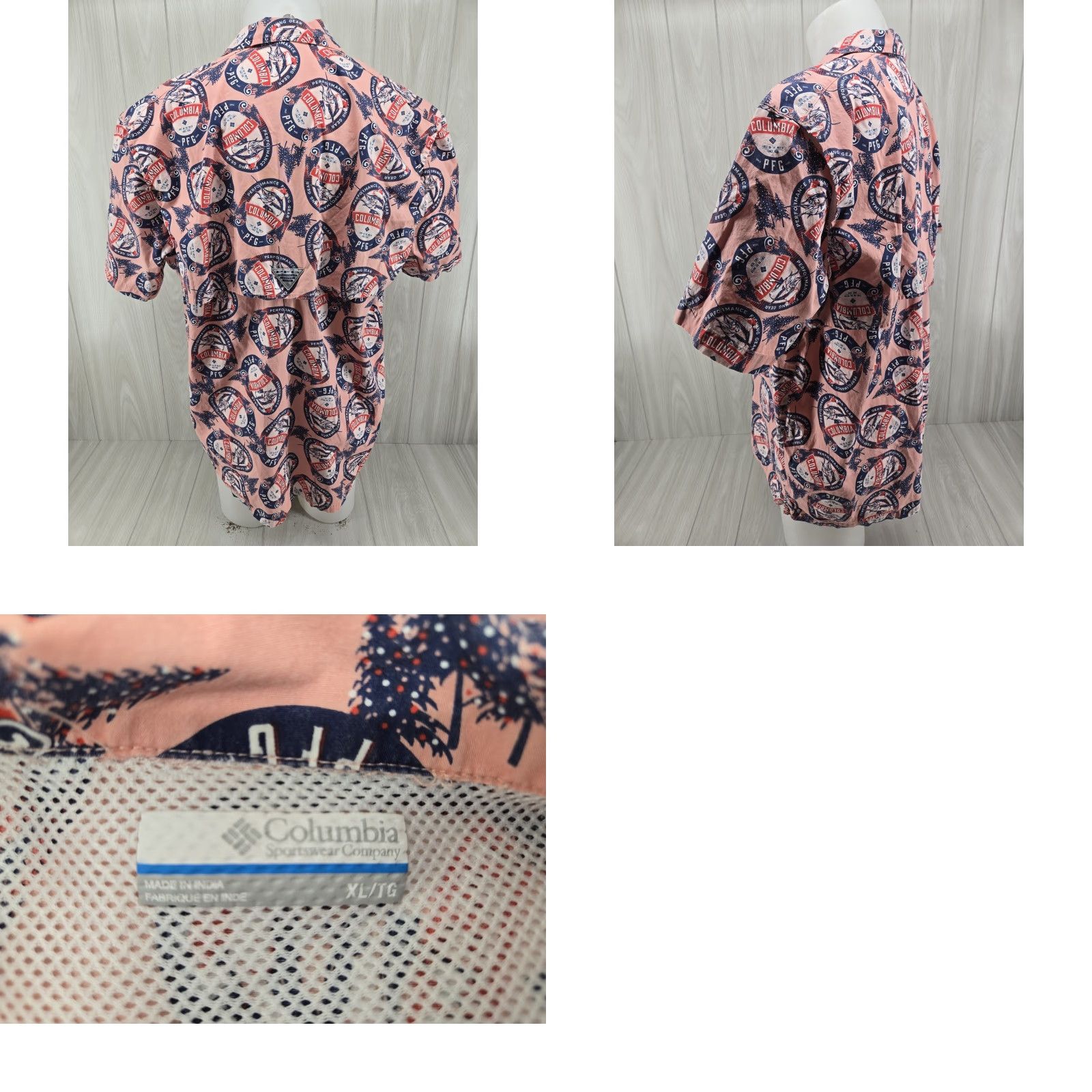 Gloverall Columbia Vented Shirt Mens XL PFG Fishing Short Sleeve Pink All Over Print Logo Size US XL / EU 56 / 4 - 8 Thumbnail