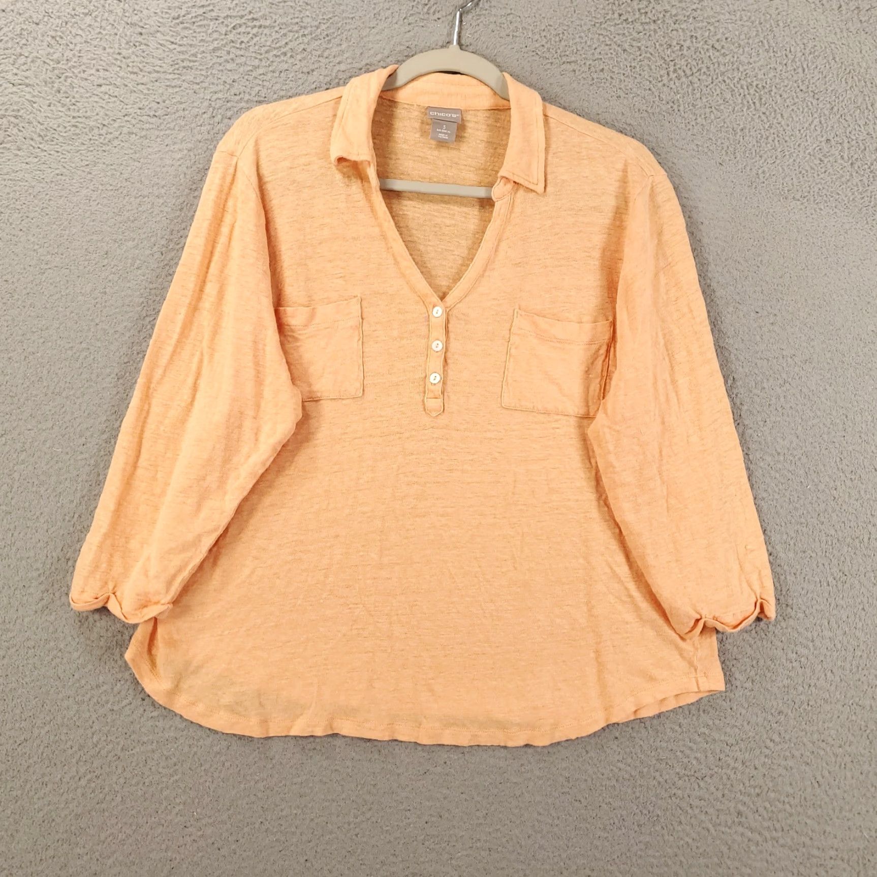 Vintage CHICOS Blouse Shirt Linen V-Neck Short Sleeve XL Womens Peach Orange Sheer Lightweight 1/4 Button Beach Modern Cute Size XL / US 12-14 / IT 48-50 - 2 Thumbnail