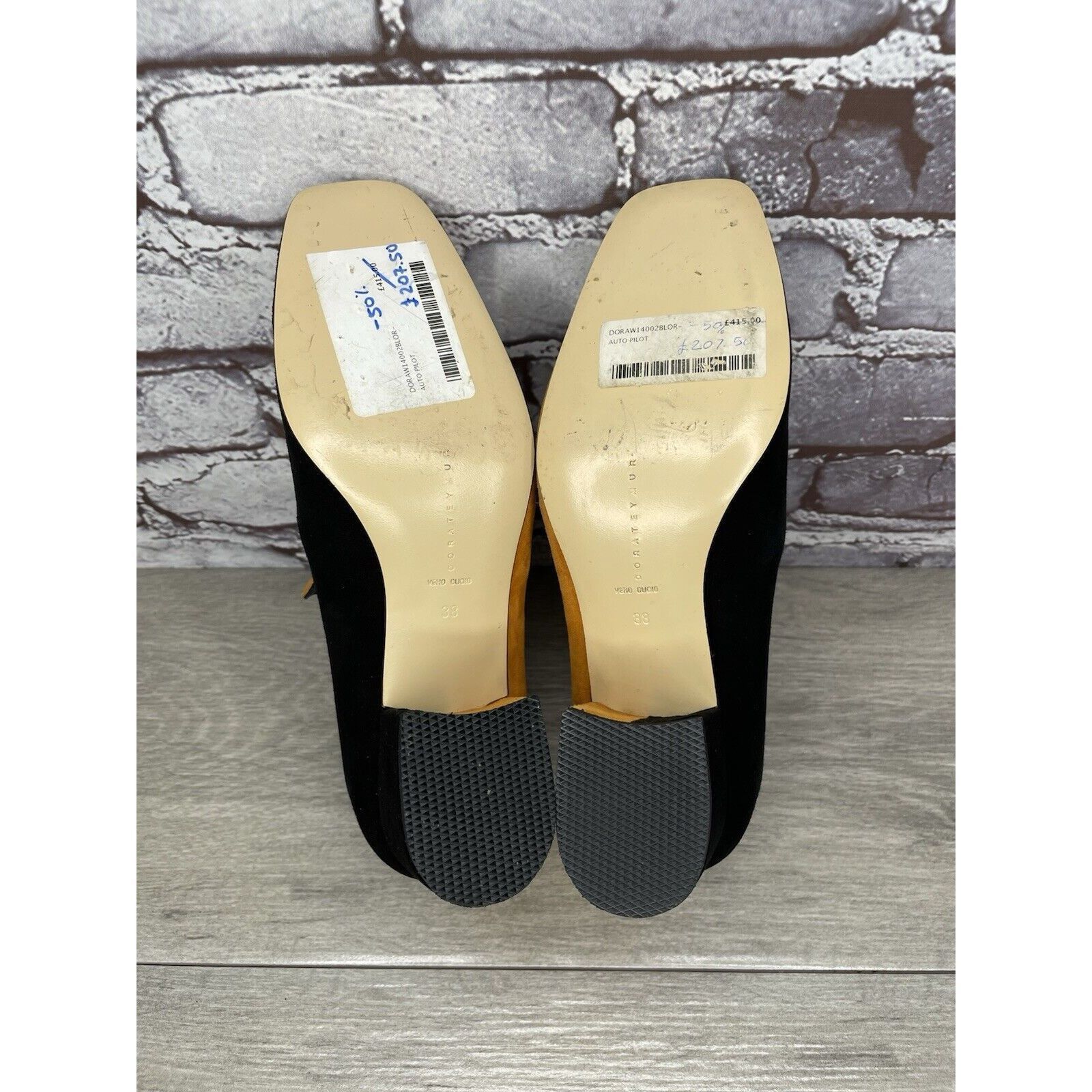 DORA TEYMUR DORATEYMUR Marigold Suede Black Leather Split Designer Mule Size US 7.5 / IT 37.5 - 10 Thumbnail