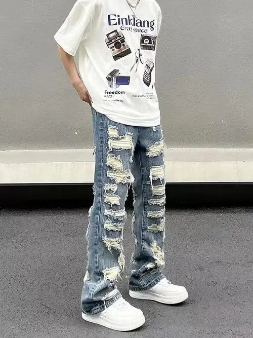 Japanese Brand × Jean Retro washed street ripped straight jeans Size US 32 / EU 48 - 3 Thumbnail