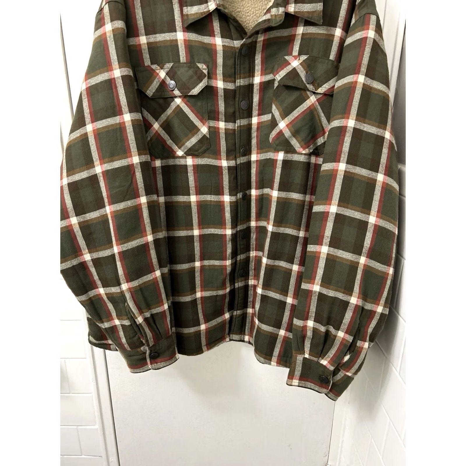 Wrangler VINTAGE Wrangler Shirt Jacket Mens 2XL Olive Green Sherpa Lined Flannel Plaid Shacket Size US XXL / EU 58 / 5 - 3 Thumbnail