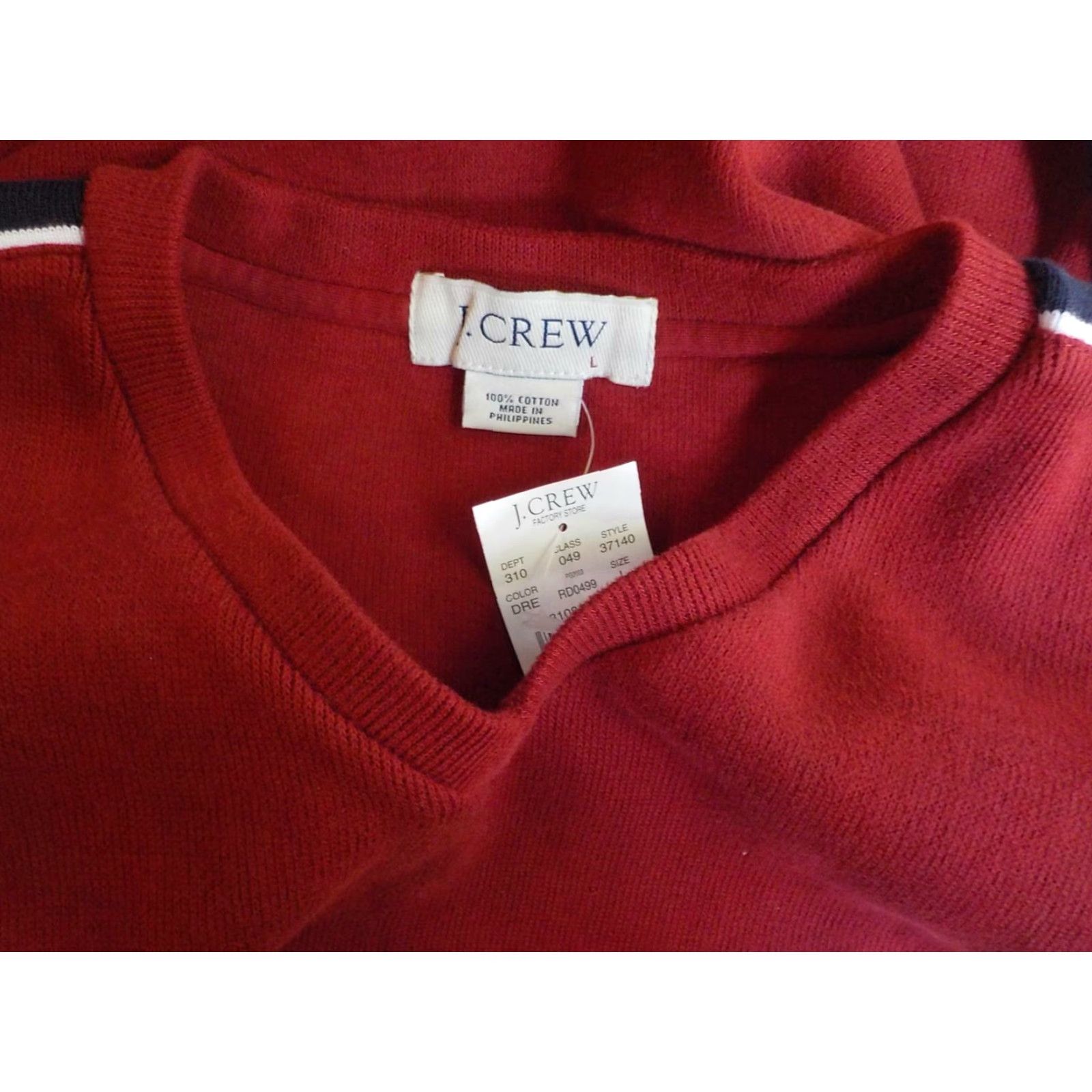 J.Crew J.CREW V-Neck Pullover Sweatshirt Maroon with Navy White Stripe Down Sleeves - SZ L NWT Mens Pullover Cotton Jersey Long Sleeve Knit Shirt Size US L / EU 52-54 / 3 - 4 Thumbnail