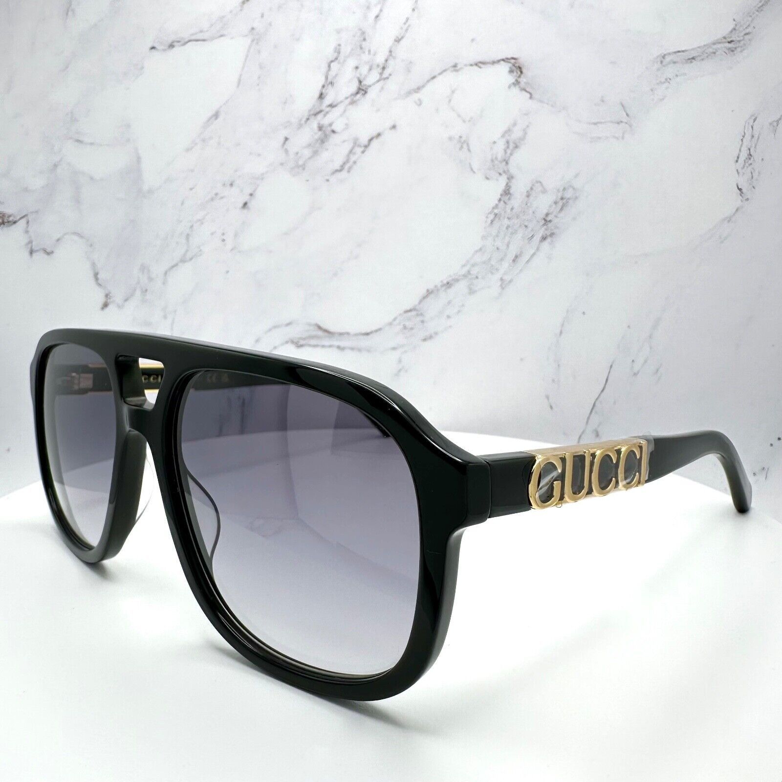 New Gucci Sunglasses Black Pilot Aviator 58mm Navigator Gold