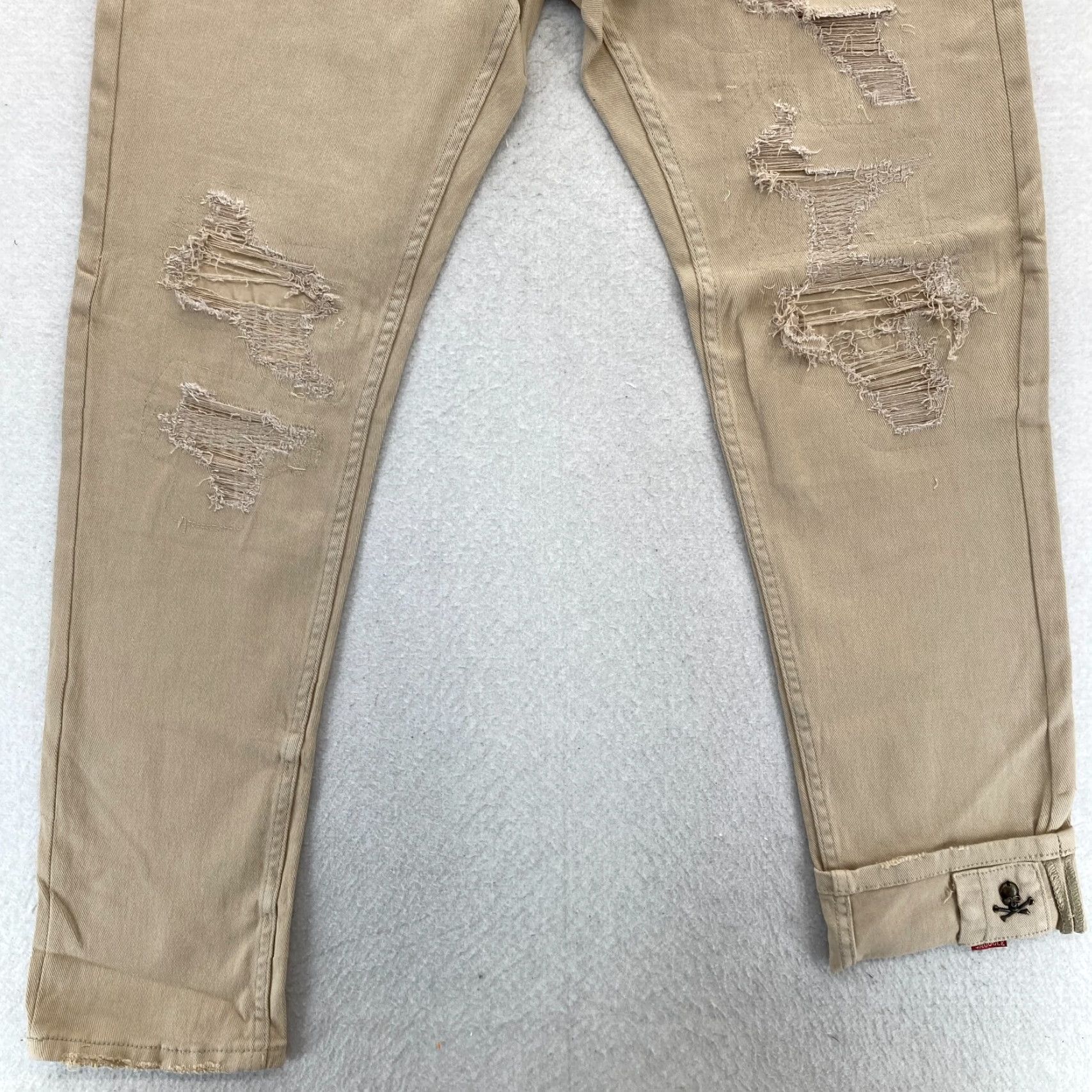 Denime Smugglers Moon Jeans Mens 36x32 Khaki Beige Denim Button Fly Roll Up Distressed Slim Skinny 5-Pocket Gothic Punk Skull Logo Denim Mens Size US 36 / EU 52 - 3 Thumbnail