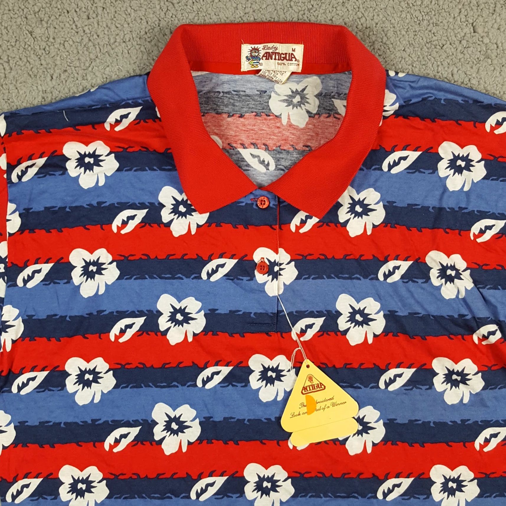 Vintage Vintage Antigua Women's Polo Shirt Medium Beach Surf Hawaiiana 90s Floral Striped Summer Size M / US 6-8 / IT 42-44 - 2 Thumbnail