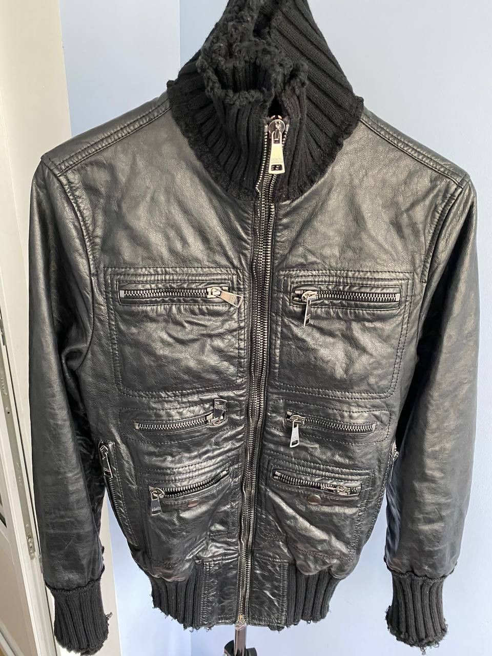 image of Dolce Gabbana Leather Multipocket Bomber Jacket Coat in Black, Men's (Size XS)