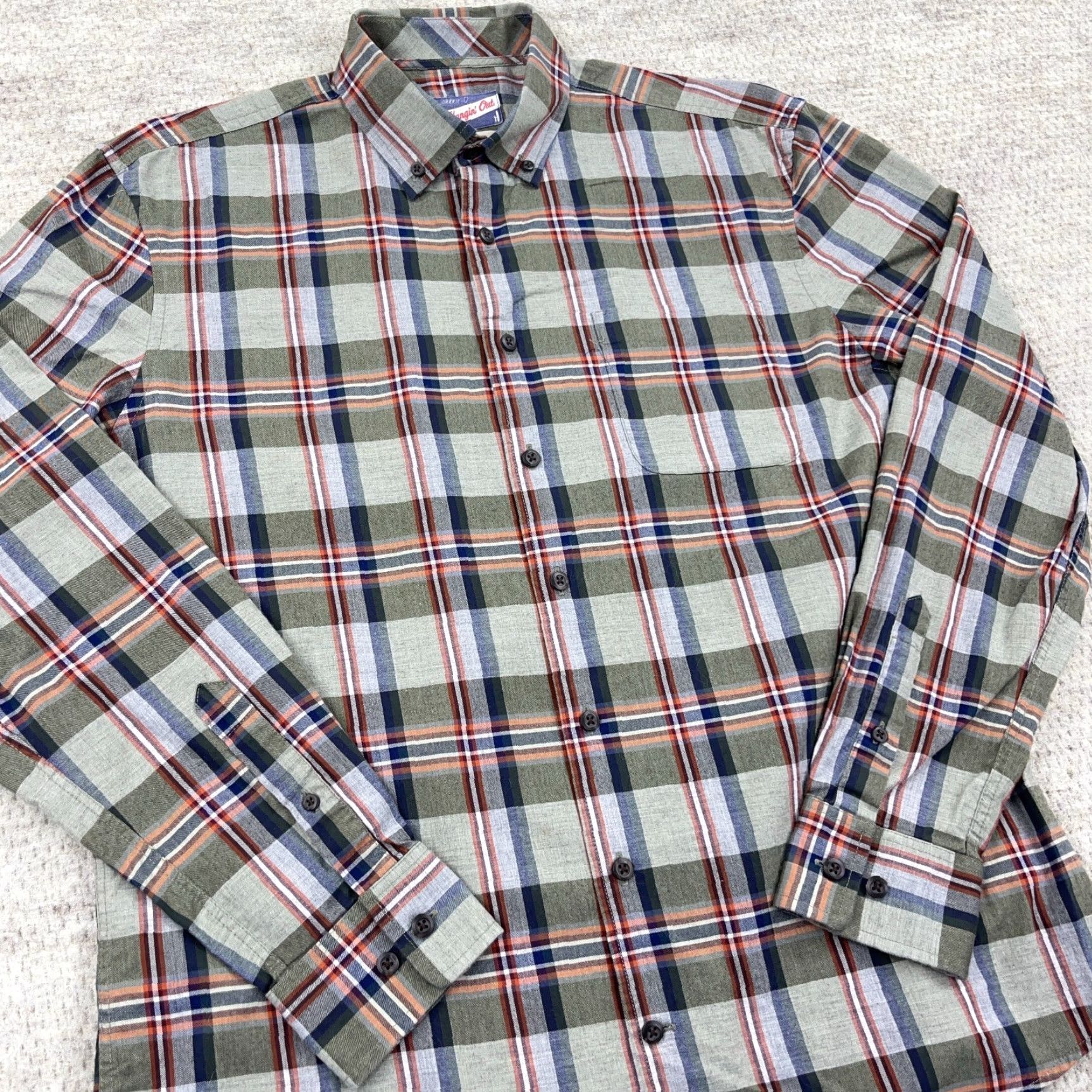 johnnie-O Johnnie-O Shirt Men Medium Olive Green Plaid Button Up Hangin Out Dress Pocket Size 40R - 4 Thumbnail