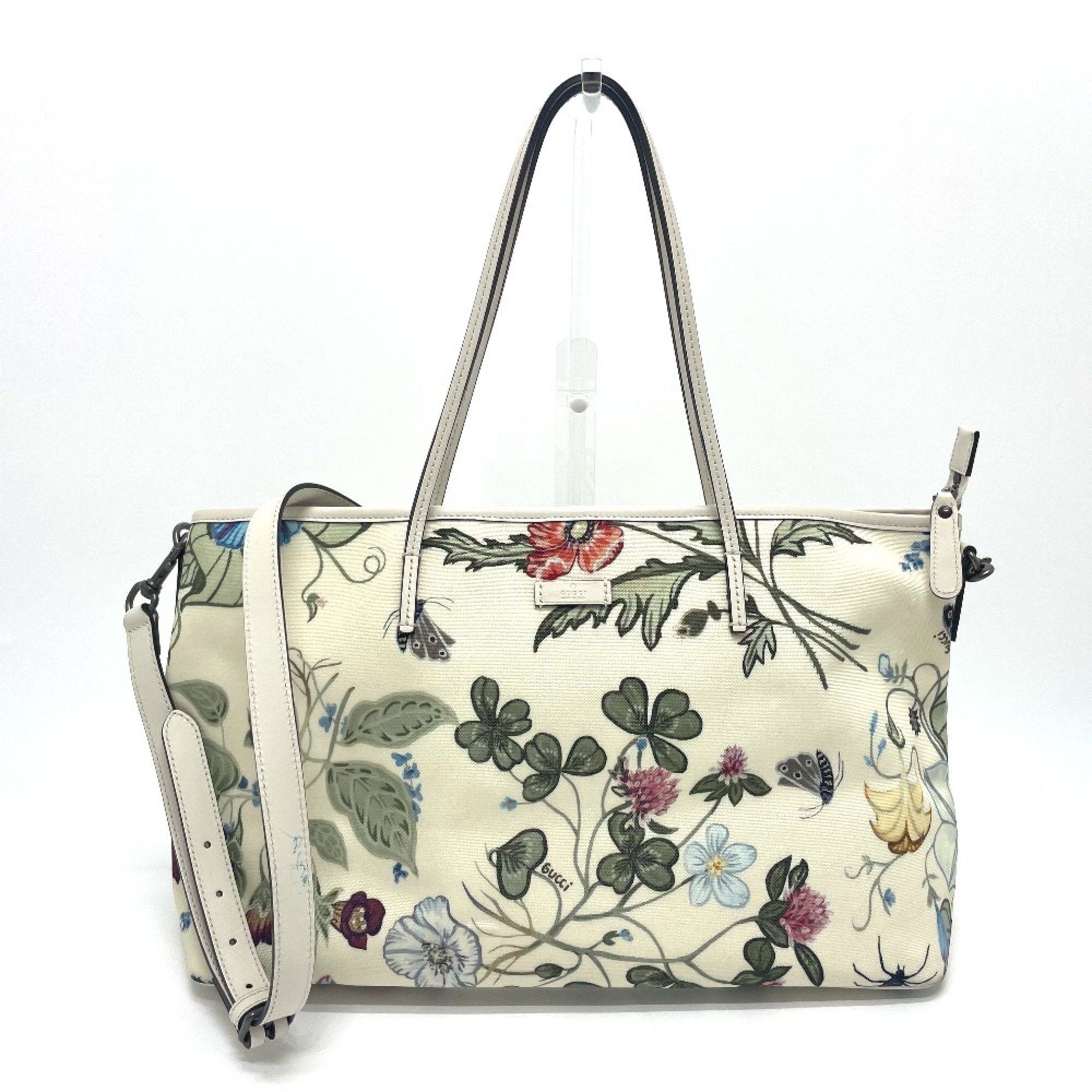 GUCCI 353437 Flora Floral Chris Knight Bag 2WAY Tote Shoulder Leather Women's Ivory x Multicolor