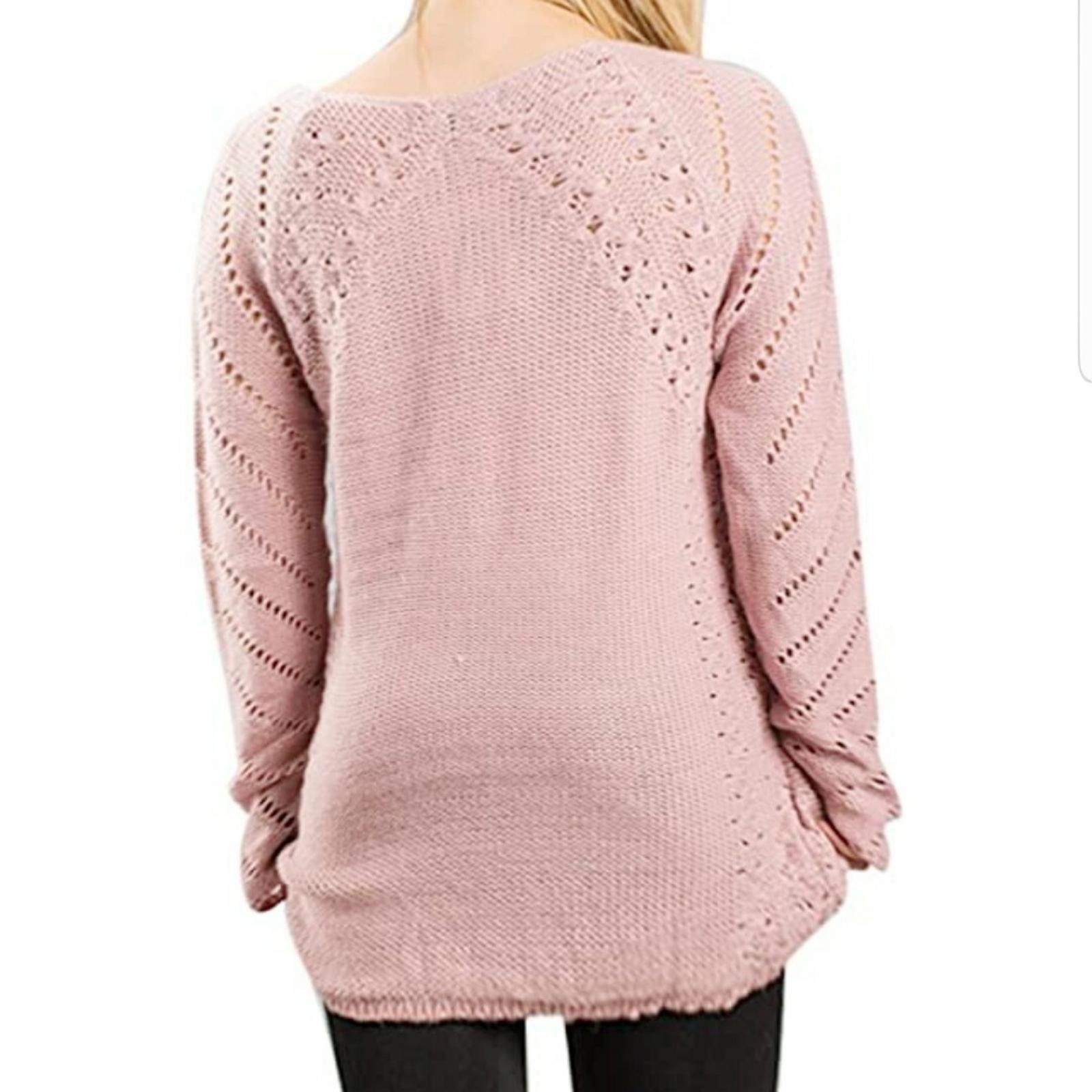 The Unbranded Brand Light Pink Knit Sweater with V-Neck and Eyelet Pattern sz L Size ONE SIZE - 2 Thumbnail
