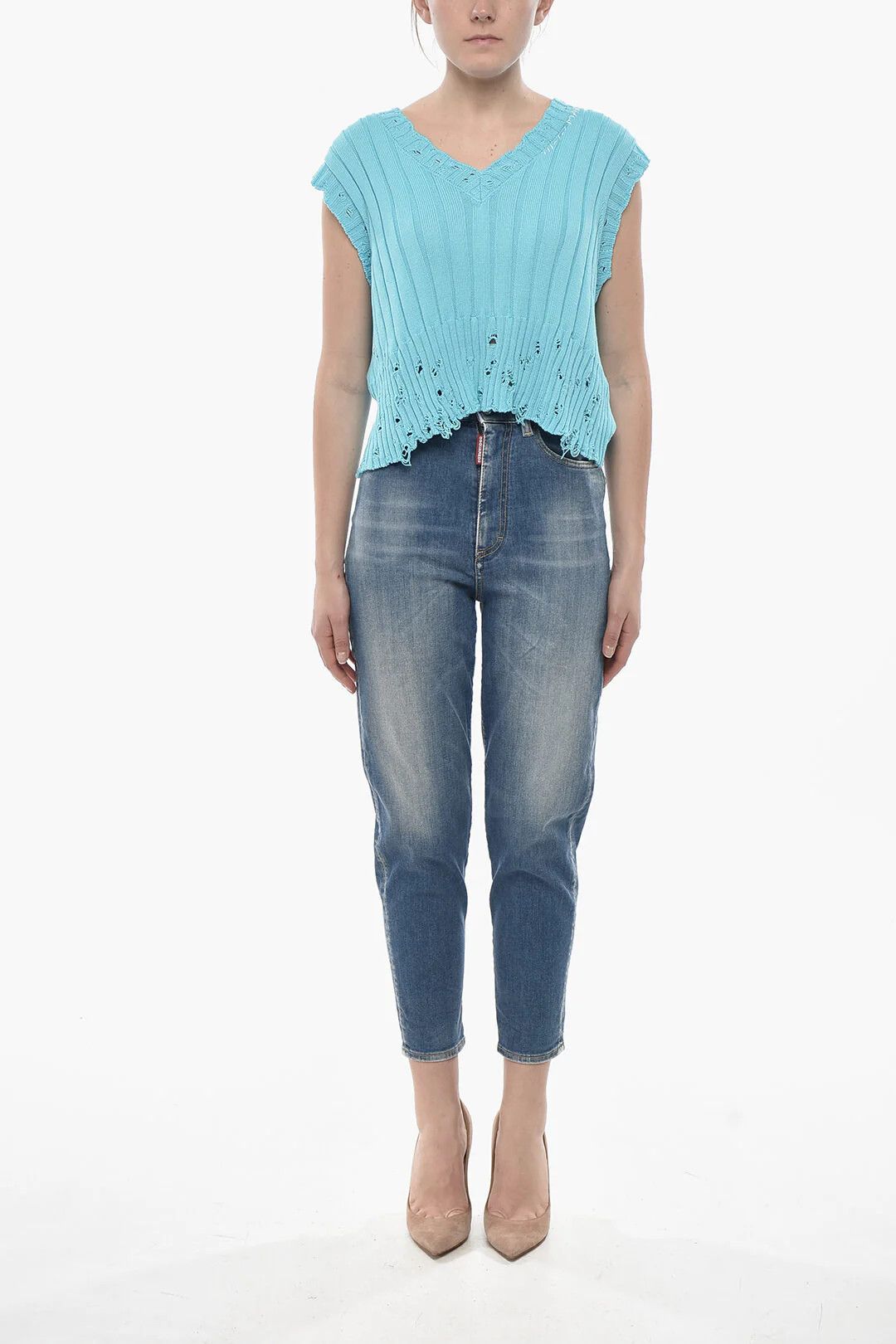 Marni og1mm0326 V-neck Distressed Knit Vest in Light Blue Size M / US 6-8 / IT 42-44 - 4 Thumbnail