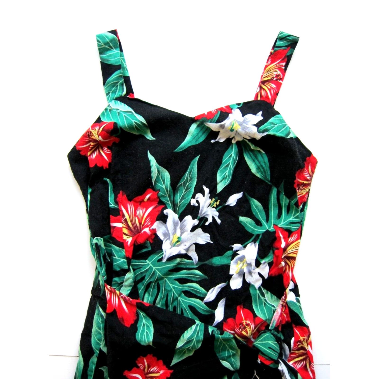 Evergreen VINTAGE Evergreen Island Hawaii Floral Tank Dress S-M Women Short Sleeveless Black Green Red Wrap Dress Size S / US 4 / IT 40 - 4 Thumbnail