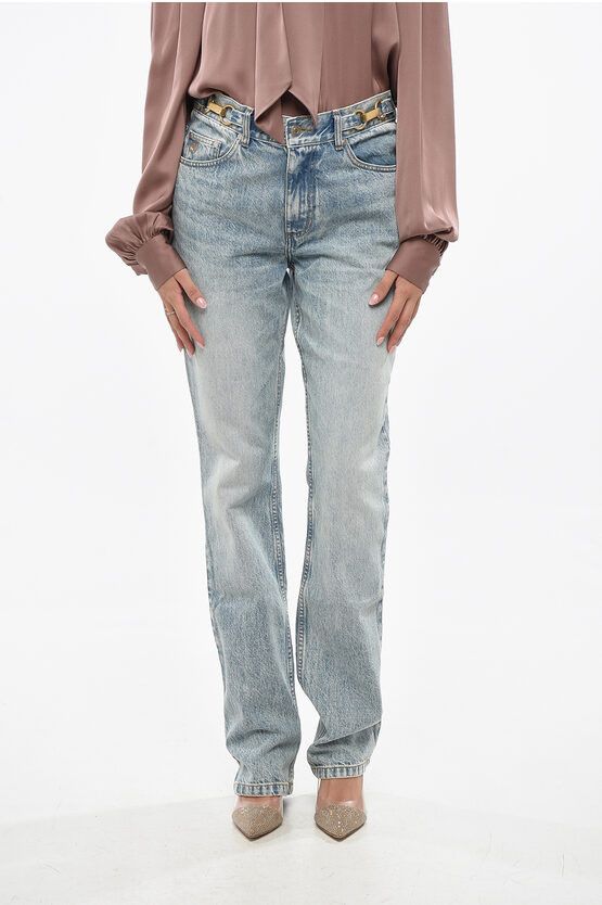 High Waist Stonewashed Jeans with Golden Effect Details 19cm