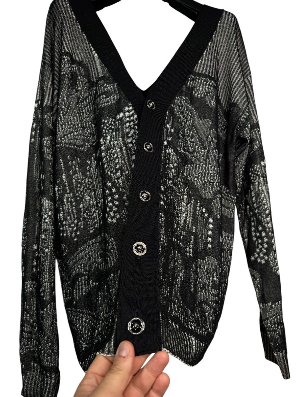 Versace Versace black drop-stitch cotton open-knit cardigan Size US M / EU 48-50 / 2 - 2 Thumbnail
