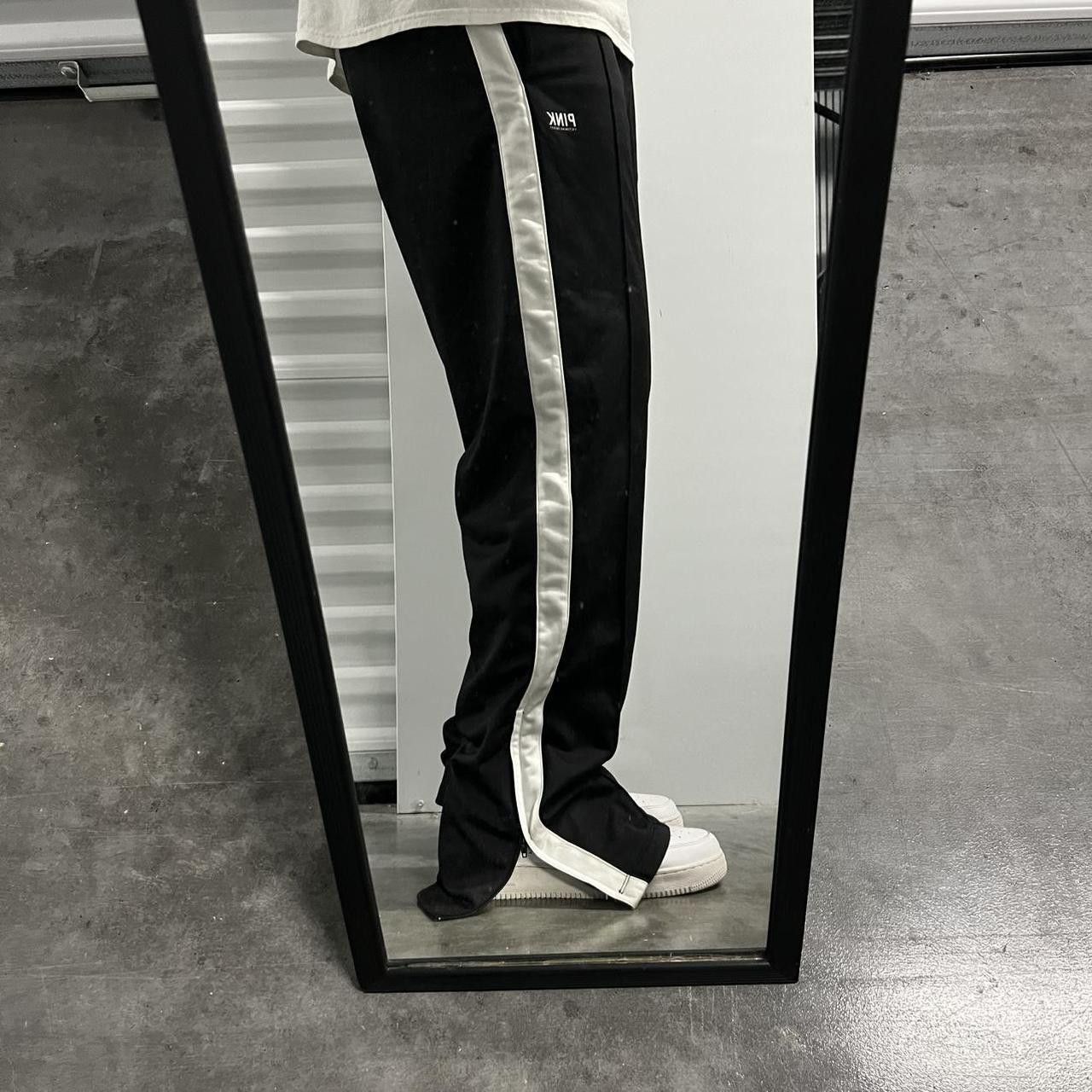 Pink Vintage Y2K/2000s Baggy Pink Victorias Secret Striped Black Track Pants with pockets and leg zippers! Size US 34 / EU 50 - 1 Thumbnail