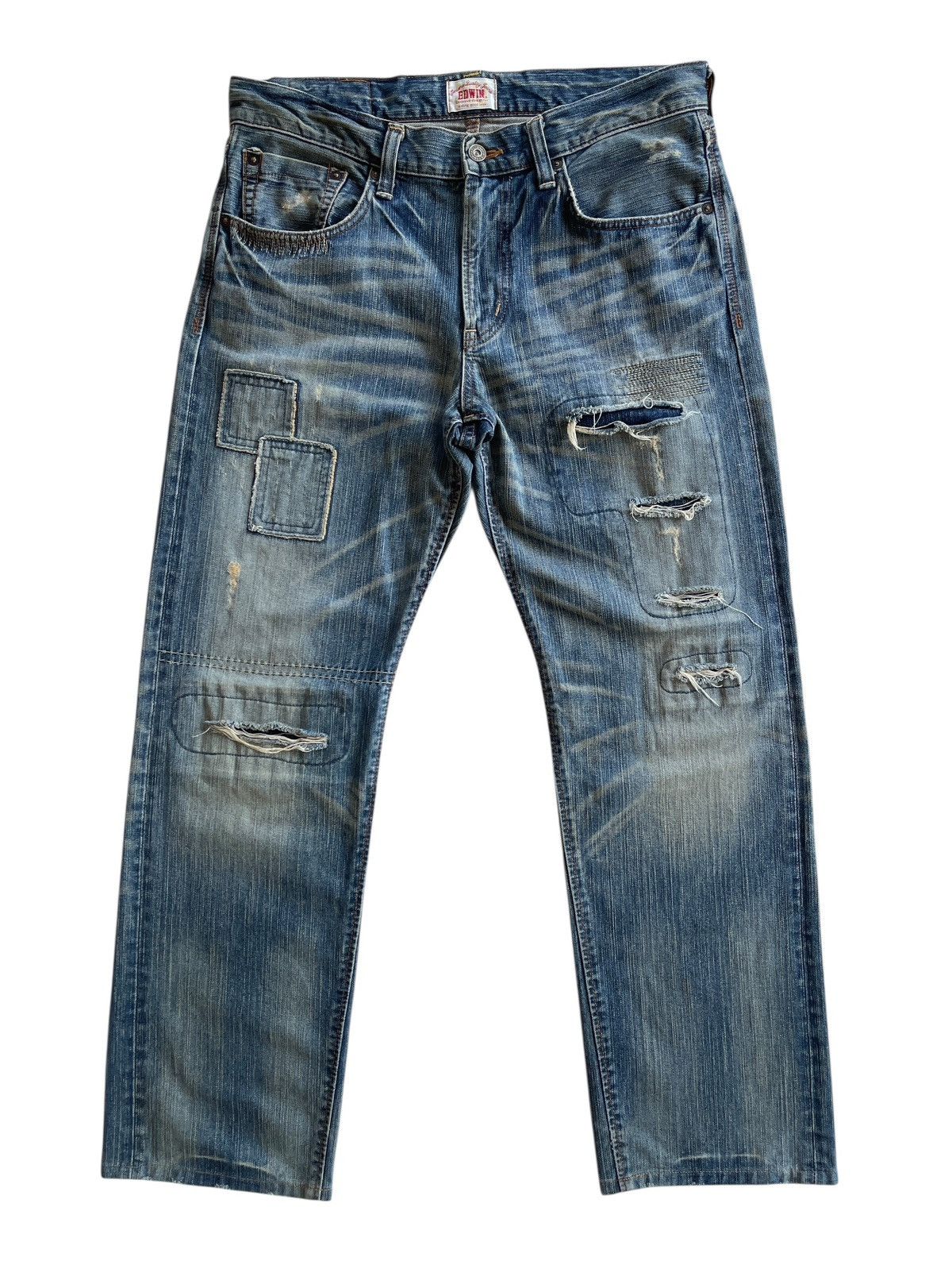 Japanese Brand Vintage Edwin Sashiko Boro Patchwork Distressed Denim Size US 35 - 2 Thumbnail