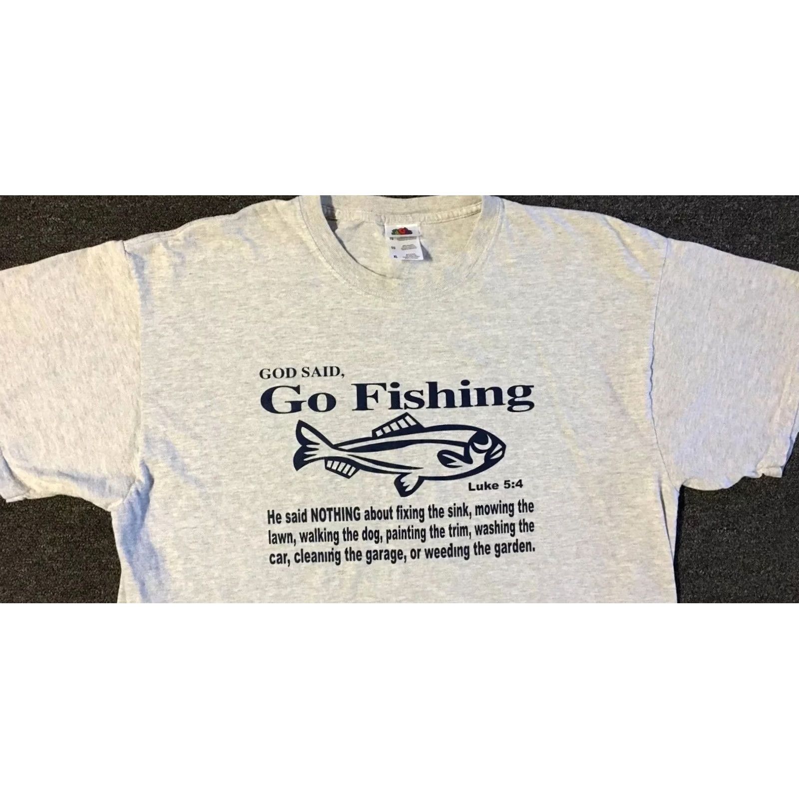 Vintage VINTAGE God Said Go Fishing Not Do Chores Faded Shirt XL Gray Mens T-Shirt Grunge 90s Y2K Funny Jesus Bible Christianity Religion Humor Saying Size US XL / EU 56 / 4 - 6 Thumbnail