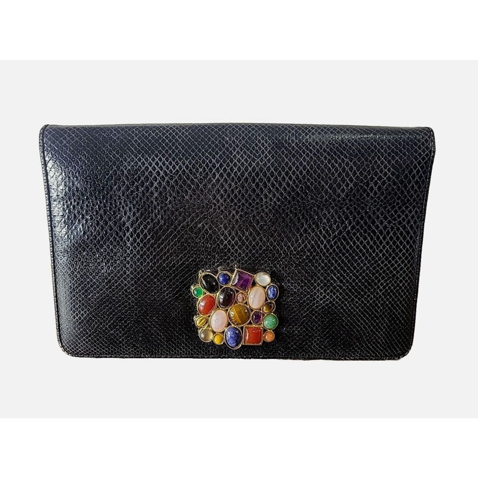 image of Vintage Judith Leiber Black Snake Skin Clutch Structured Handbag Gemstones Bag in White, Women's