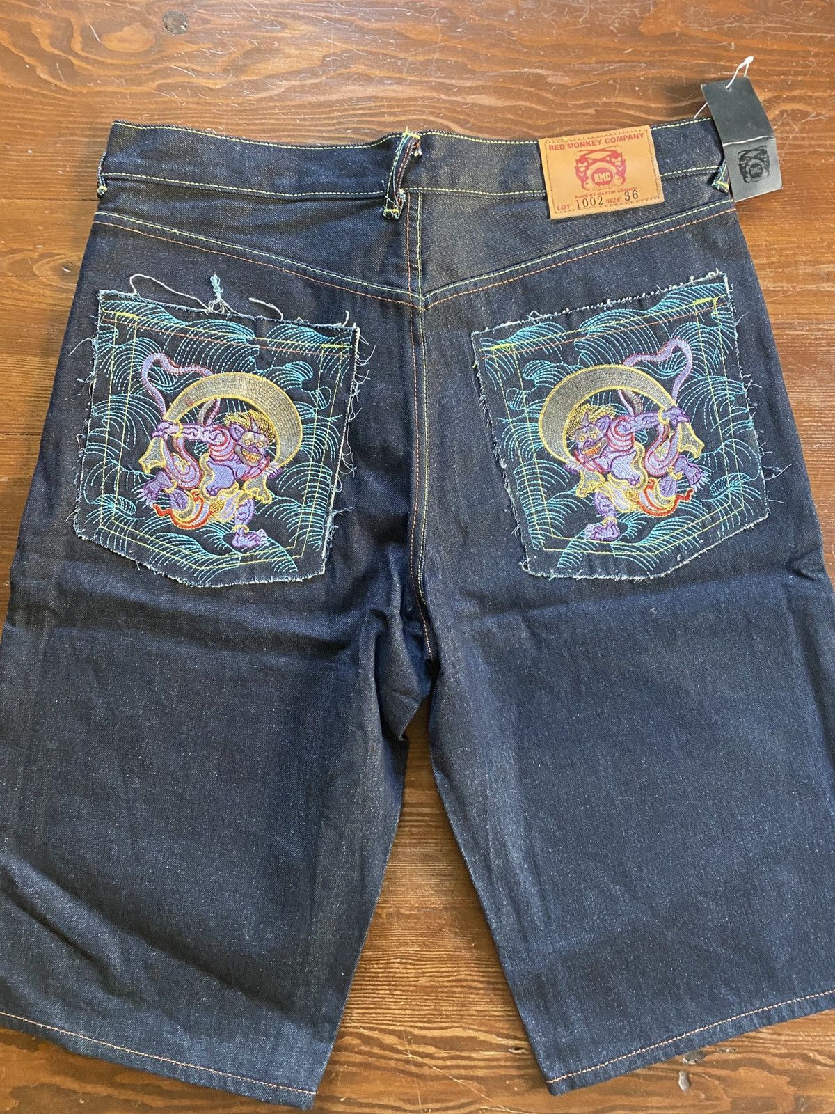 RMC Jeans Red Monkey Company Embroider Wide Denim Jean Short Selvedge Size US 37 - 1 Thumbnail