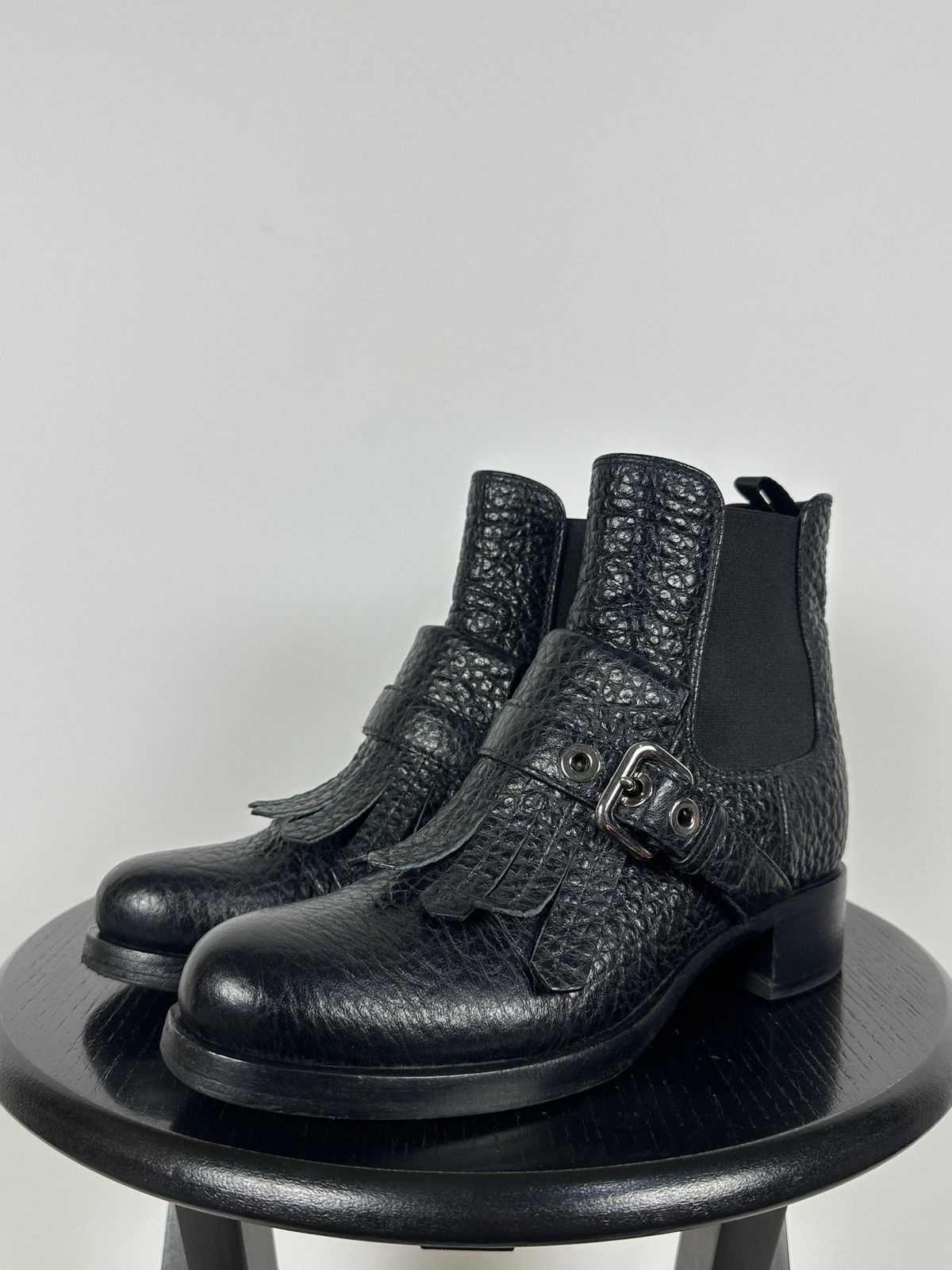 Prada Prada Black Leather Buckle Fringe Chelsea Ankle Boots Size US 6.5 / IT 36.5 - 11 Thumbnail