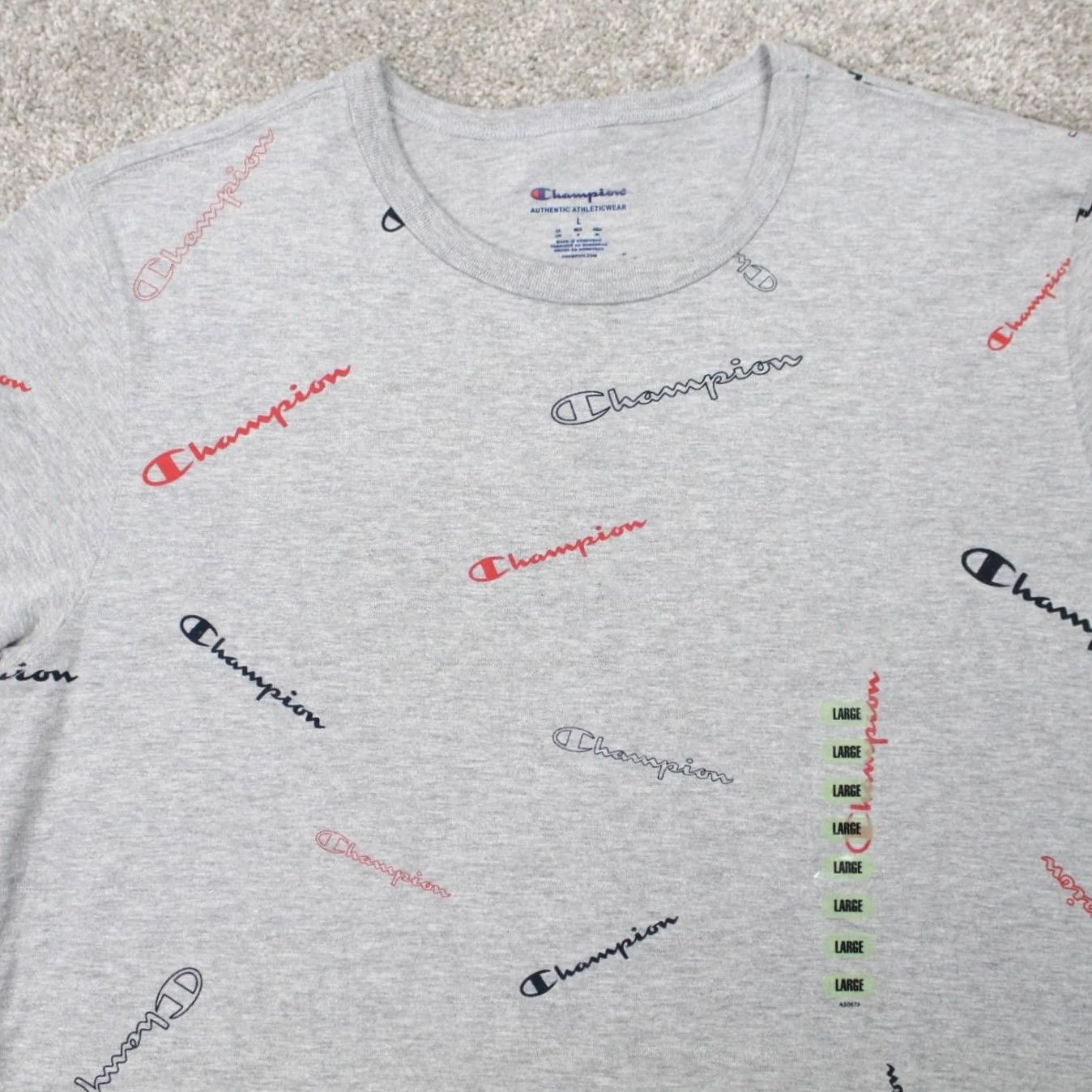 Champion Champion AOP Shirt Mens Large Gray All Over Cotton/Poly Blend S/S Pullover Size US L / EU 52-54 / 3 - 5 Thumbnail