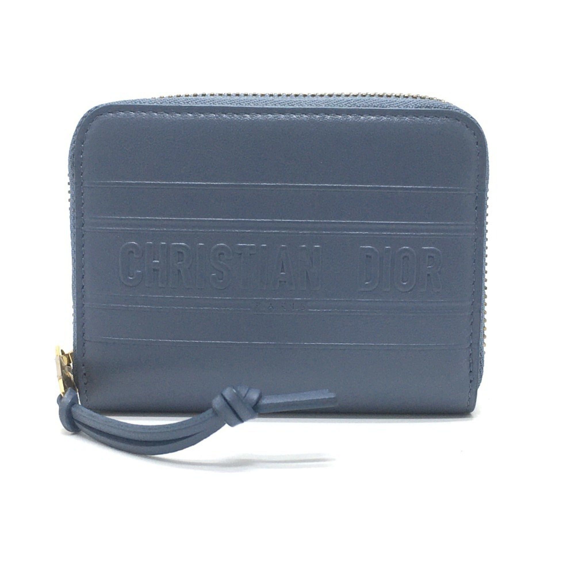 image of Christian Dior Dior Striped Wallet Round Zipper Coin Case Leather Ladies Denim Blue in Black, Women