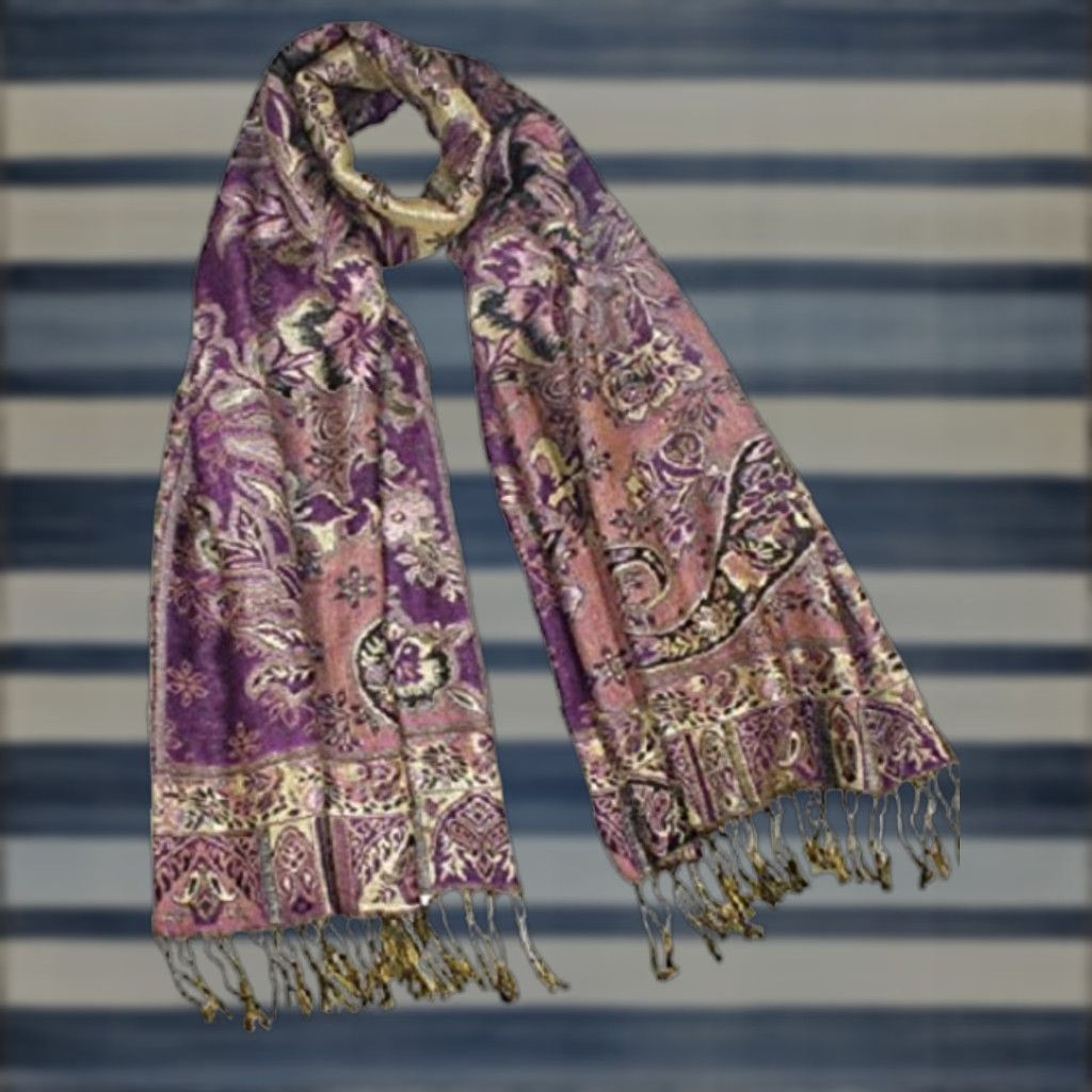 Vintage Rayon Metallic Paisley Flower Garden Two-Sided Reversible Scarf Purple Size ONE SIZE - 1 Thumbnail