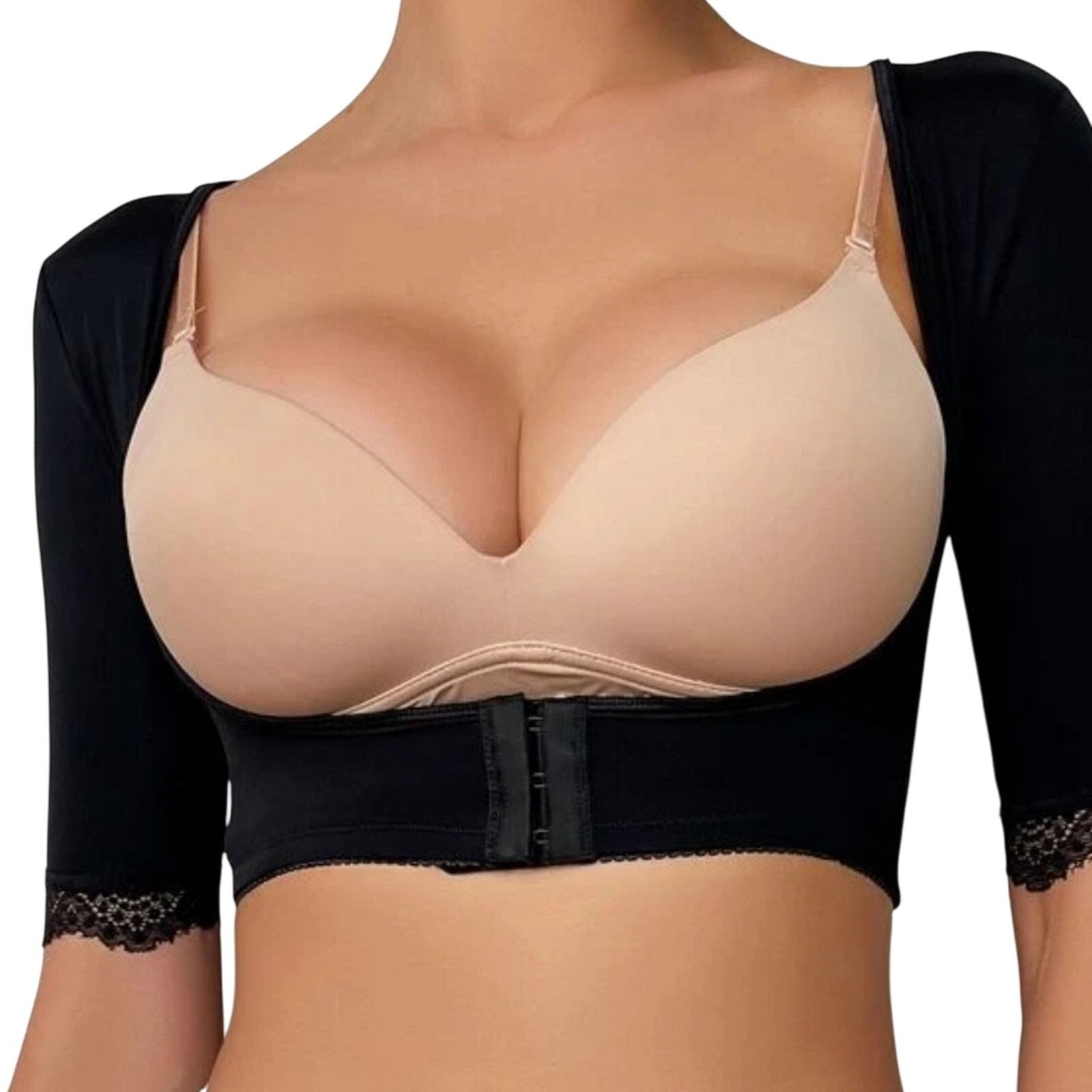 Shein Buckle Front Lace Trim Shapewear Arm Slimming Top, Size M Size ONE SIZE - 1 Thumbnail