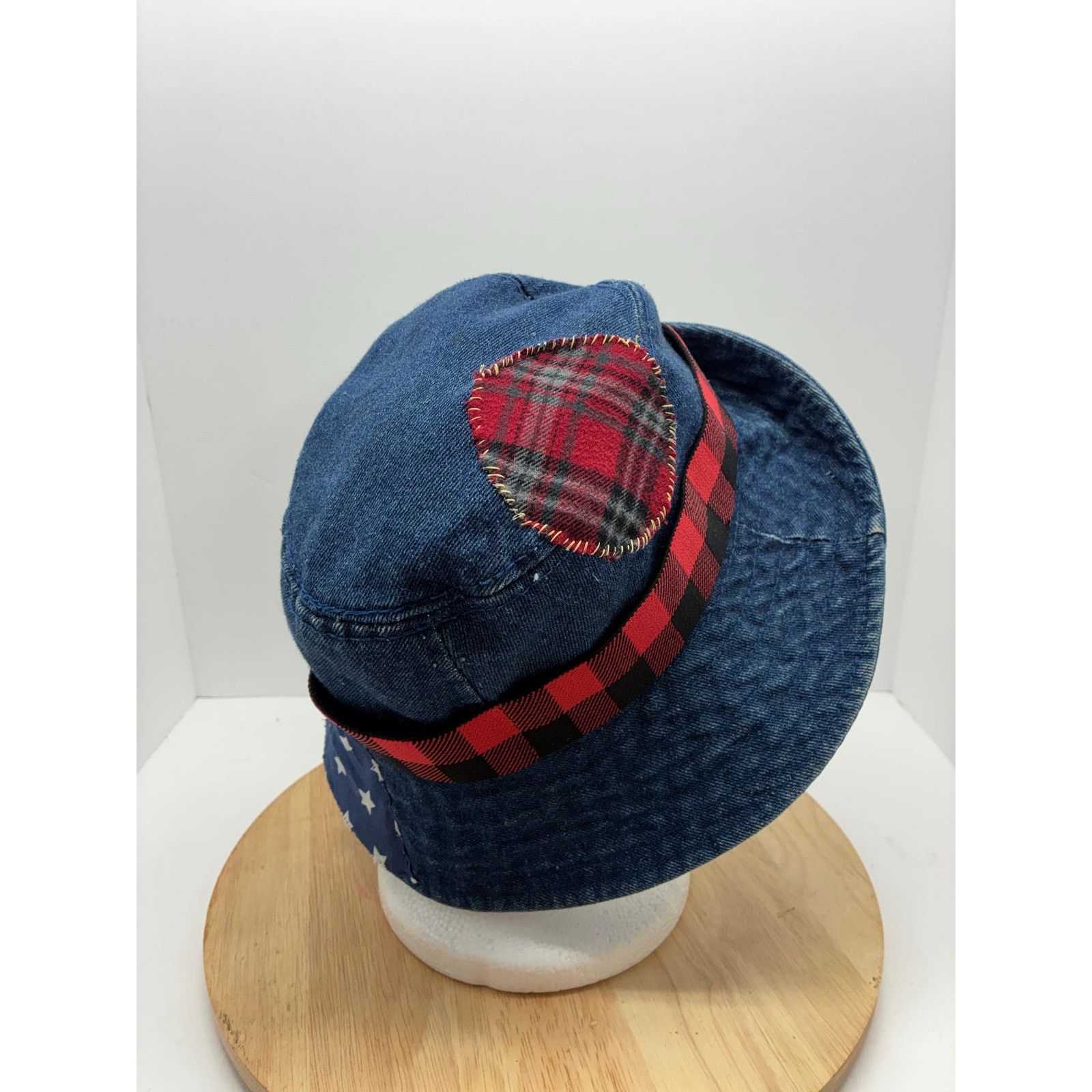 Other Vintage Denim Hat Reworked – Small 22” Red Plaid, Americana Size ONE SIZE - 5 Thumbnail