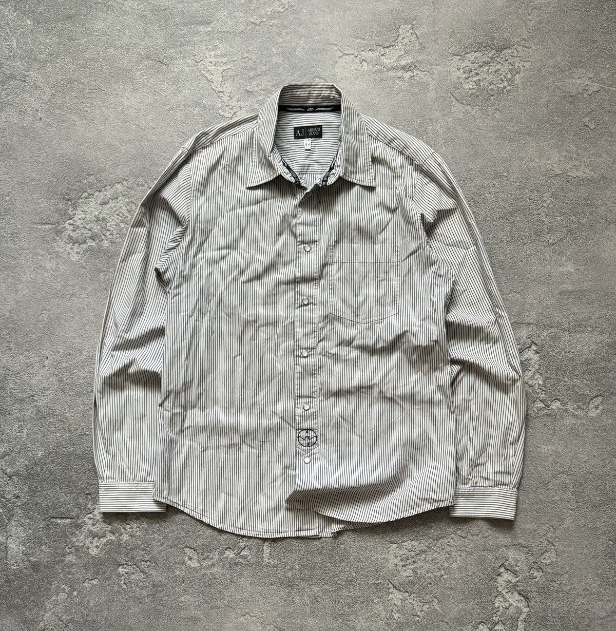 Armani × Vintage Armani Jeans M striped big logo shirt polo long sleeve buton Size US M / EU 48-50 / 2 - 8 Thumbnail