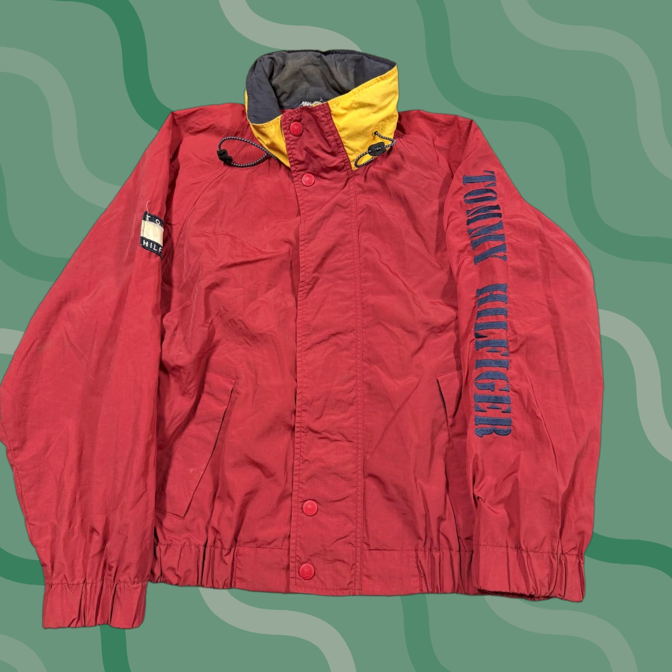VINTAGE Tommy Hilfiger Jacket Mens Large Red Hooded Windbreaker 90s Logo Embroidered Zip Pockets Lightweight